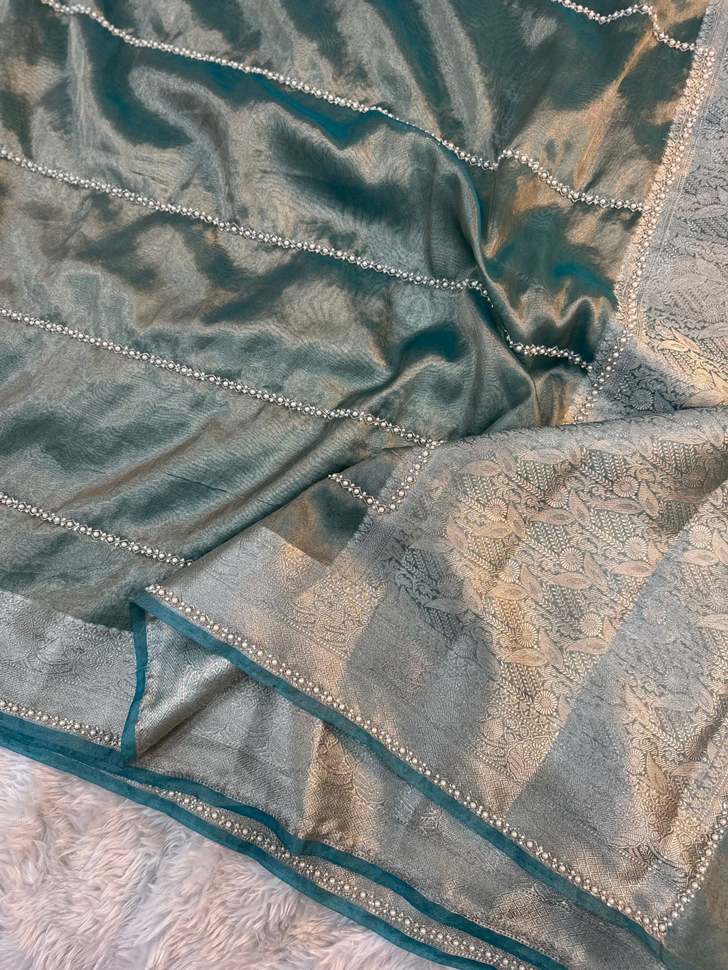 LUXURIOUS AQUA BLUE SHADE SOFT TISSUE SILK WITH PREMIUM ZARDOZI AND LACE WORK