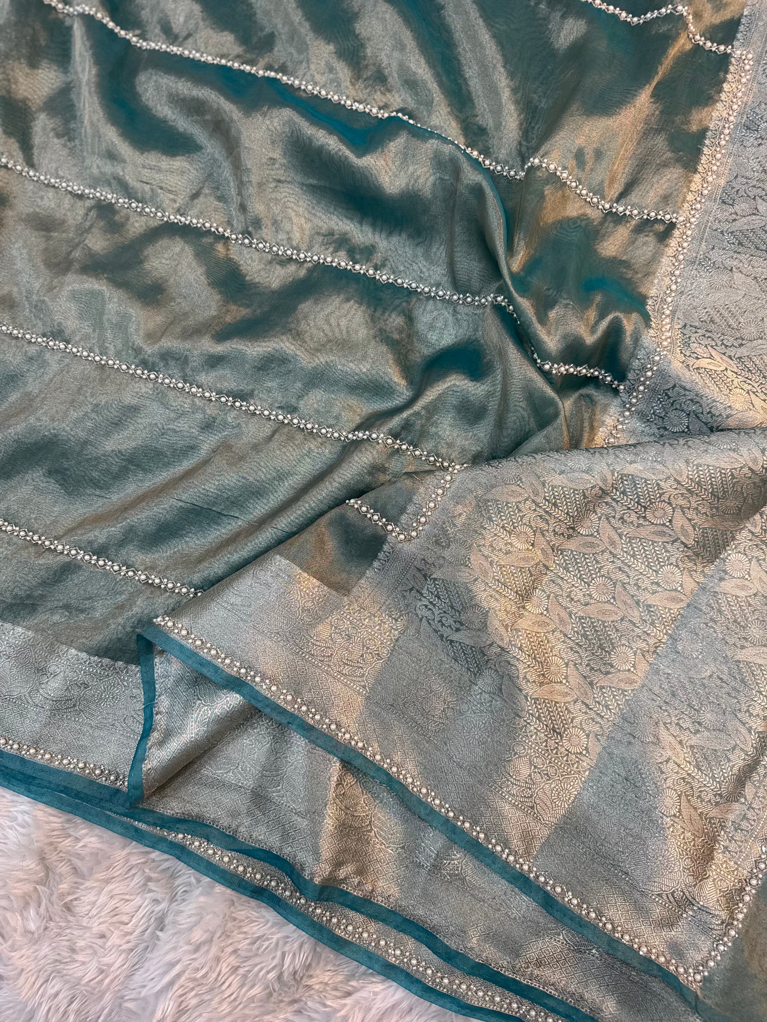 LUXURIOUS AQUA BLUE SHADE SOFT TISSUE SILK WITH PREMIUM ZARDOZI AND LACE WORK