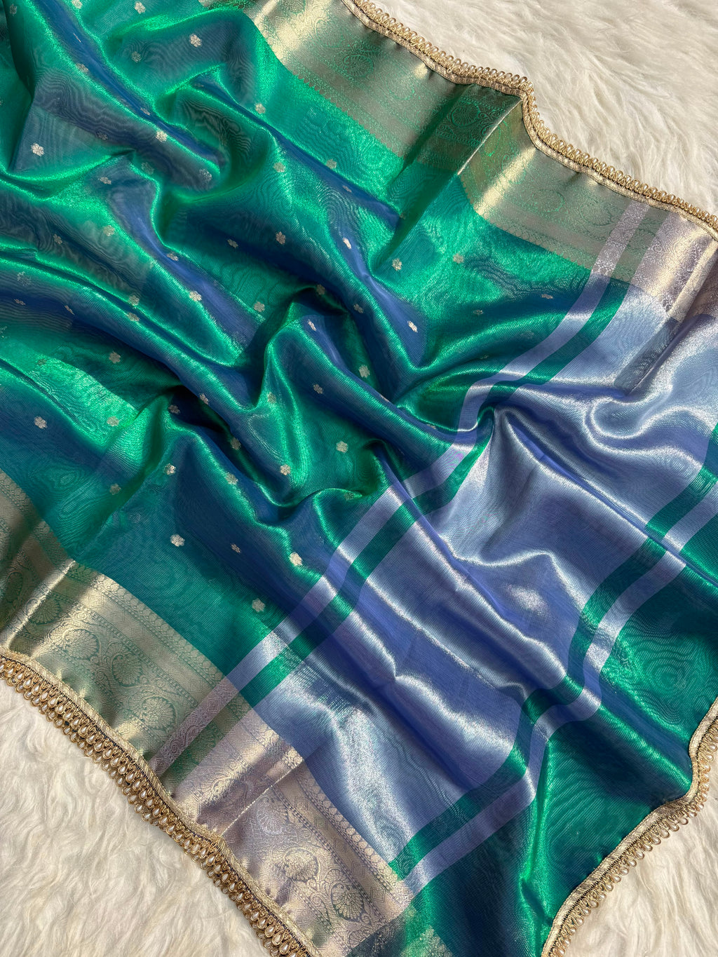 PREMIUM PEACOCK DESIGNER TISSUE SILK BOOTI SAREE WITH LACE ATTACHED (Copy)