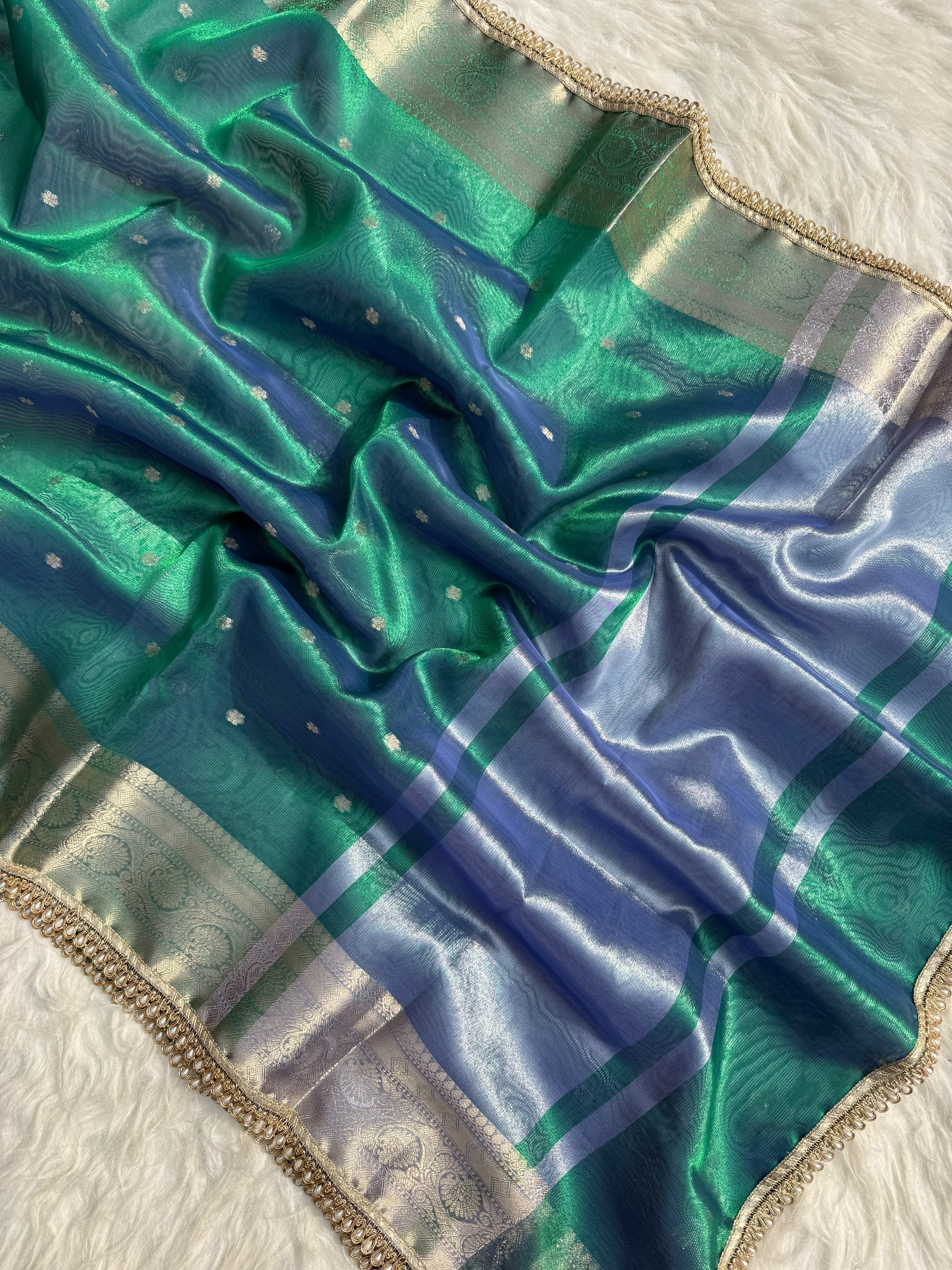 PREMIUM PEACOCK DESIGNER TISSUE SILK BOOTI SAREE WITH LACE ATTACHED (Copy)