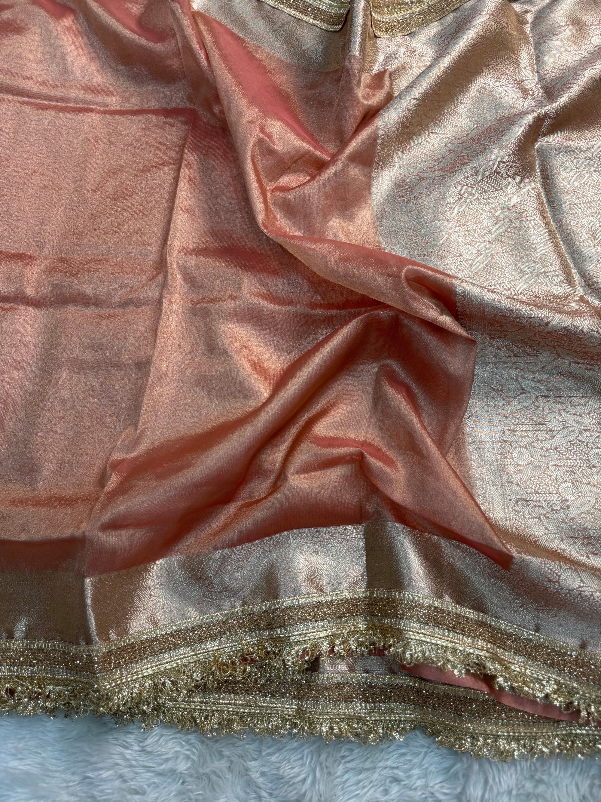 PREMIUM PEACH SHADE SOFT TISSUE SILK SAREE WITH LACE ATTACHED