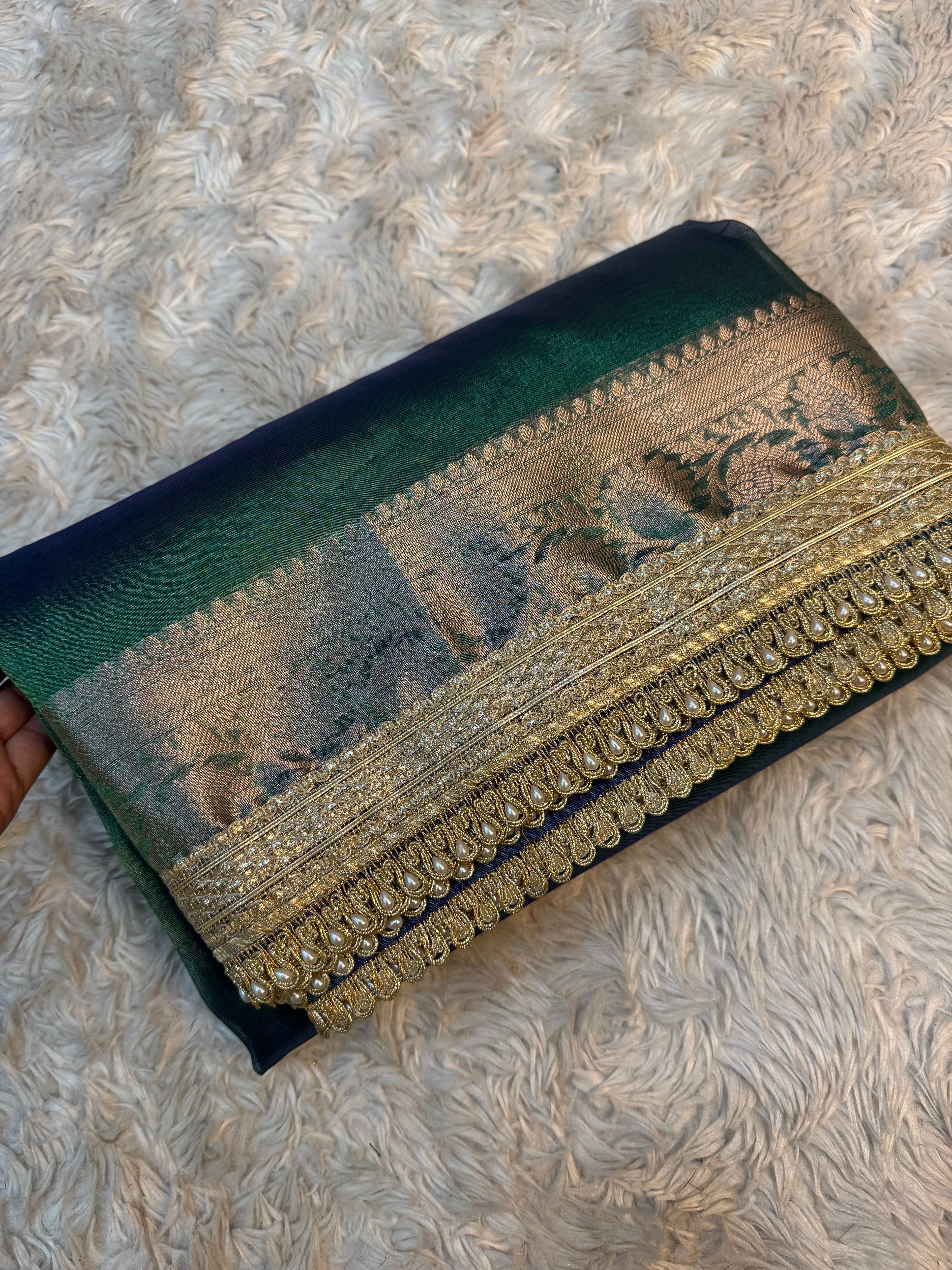 PREMIUM PEACOCK SHADE SOFT TISSUE SILK SAREE WITH LACE ATTACHED