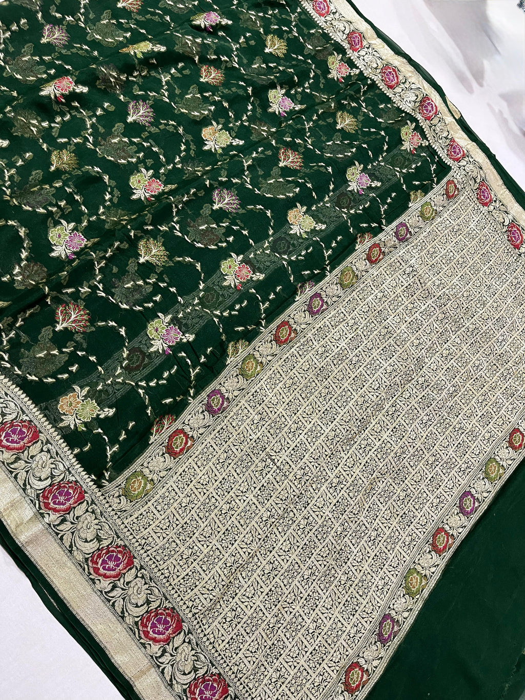 PREMIUM BOTTLE GREEN SHADE PURE KHADDI GEORGETTE SILK SAREE WITH BEAUTIFUL HAND-BRUSH