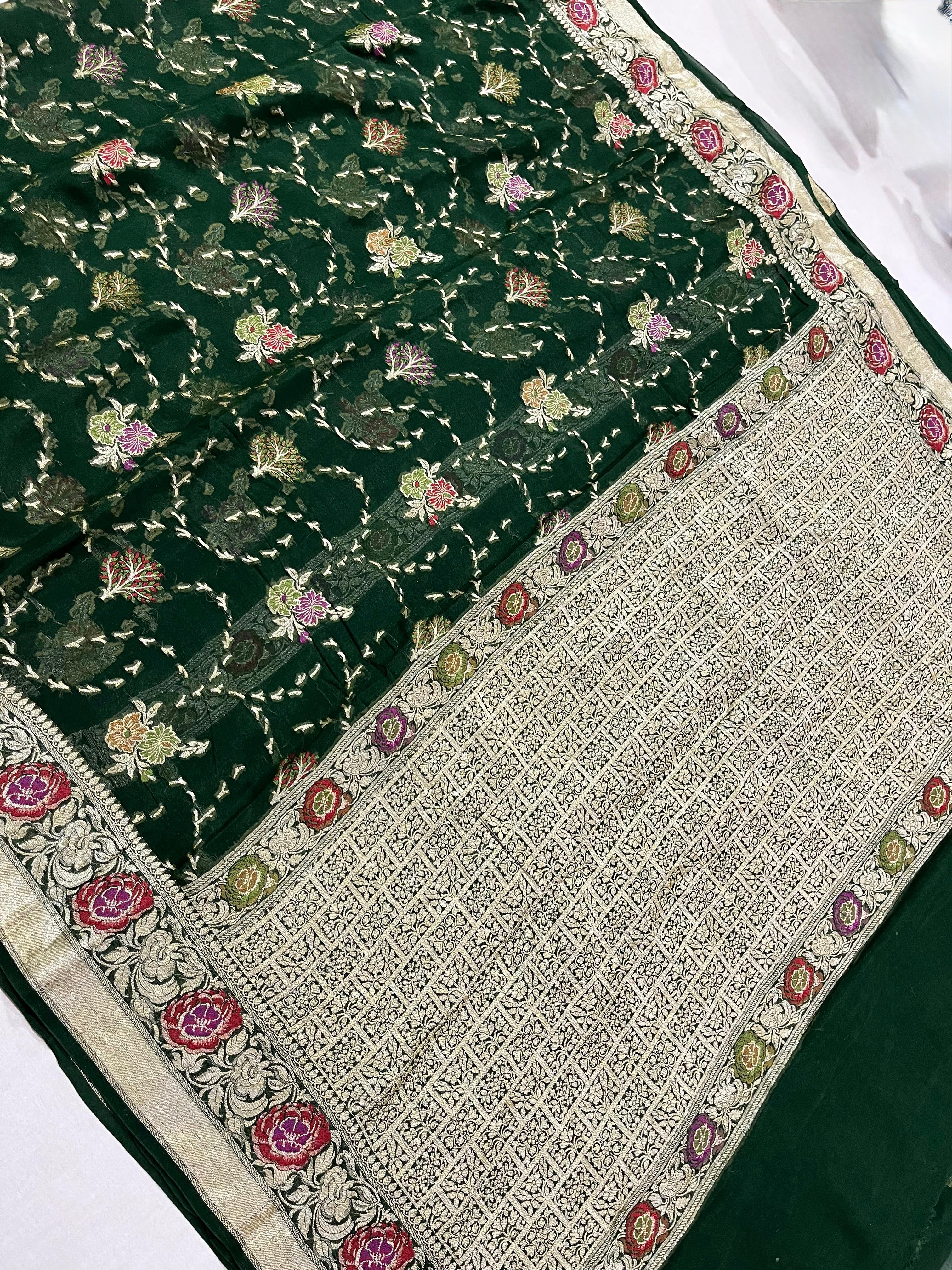 PREMIUM BOTTLE GREEN SHADE PURE KHADDI GEORGETTE SILK SAREE WITH BEAUTIFUL HAND-BRUSH