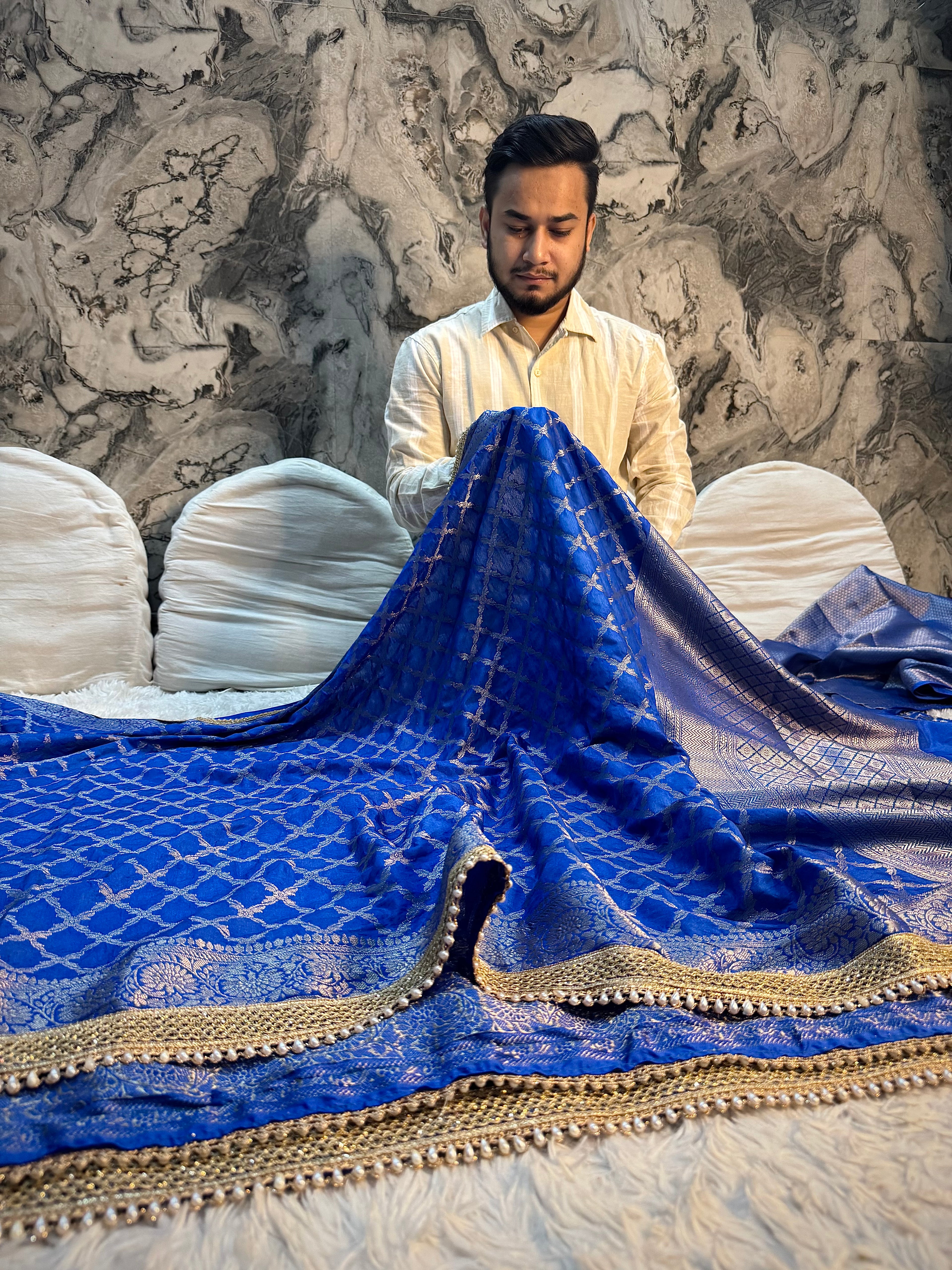 PREMIUM ROYAL BLUE SHADE GEORGETTE KATAN SILK SAREE WITH LACE ATTACHED