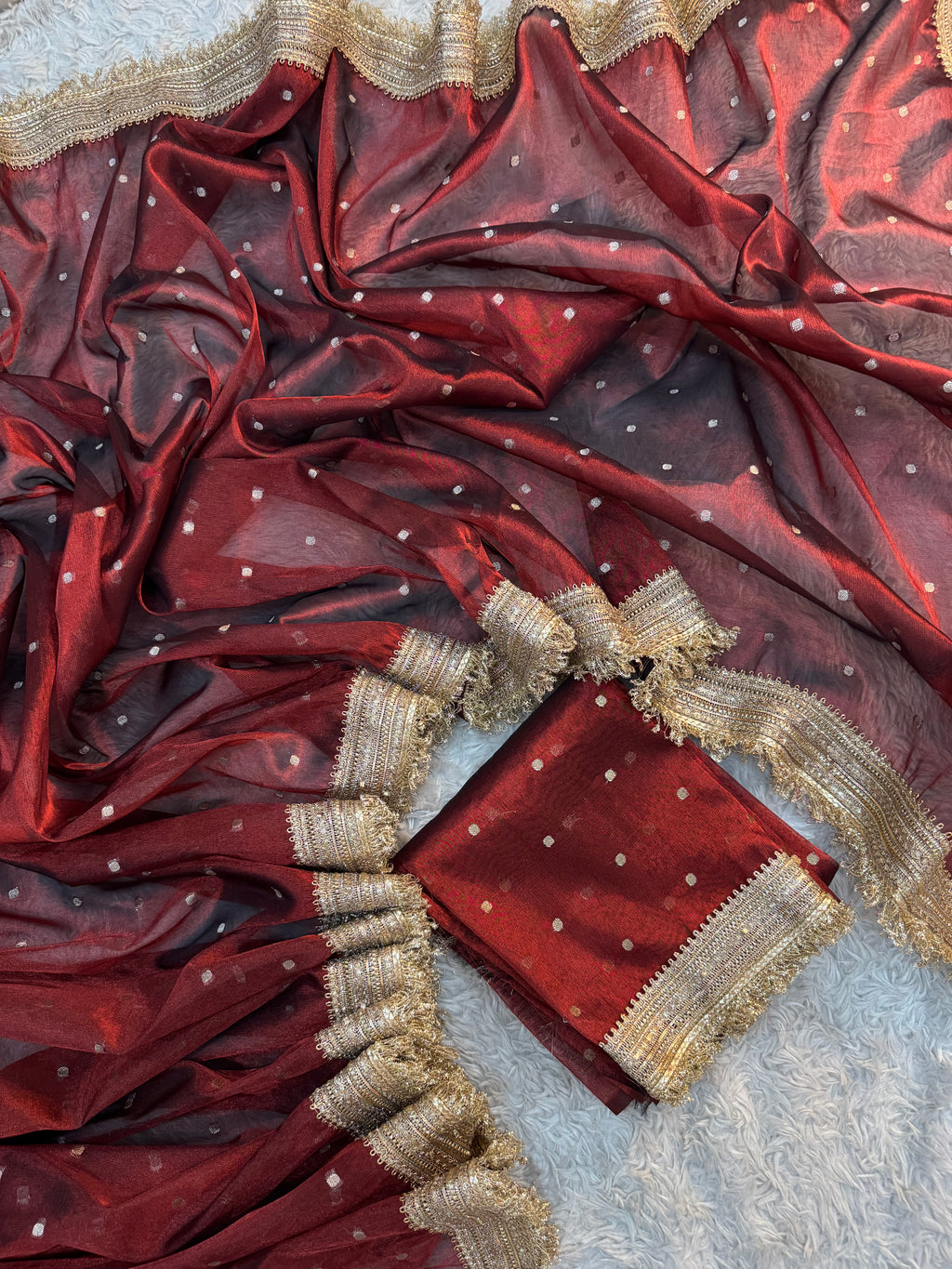 PREMIUM MAROON SHADE DESIGNER TISSUE SILK BOOTI SAREE WITH LACE ATTACHED