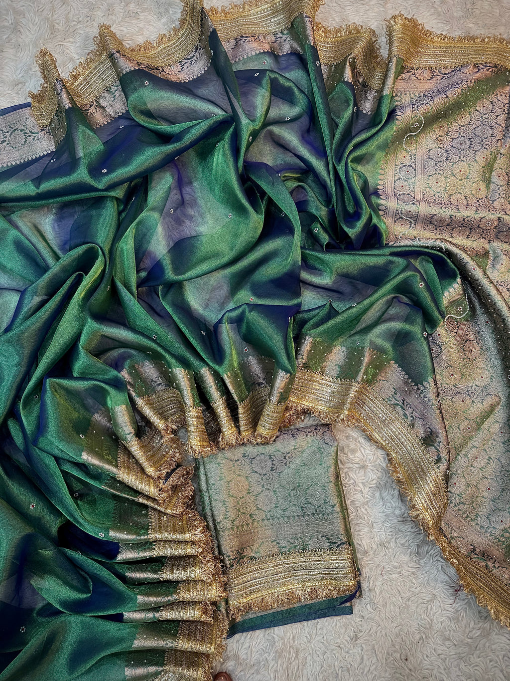 EXCLUSIVE PEACOCK GREEN SHADE SOFT TISSUE SILK SAREE DESIGNER HAND STONE WORK WITH LACE ATTACHED