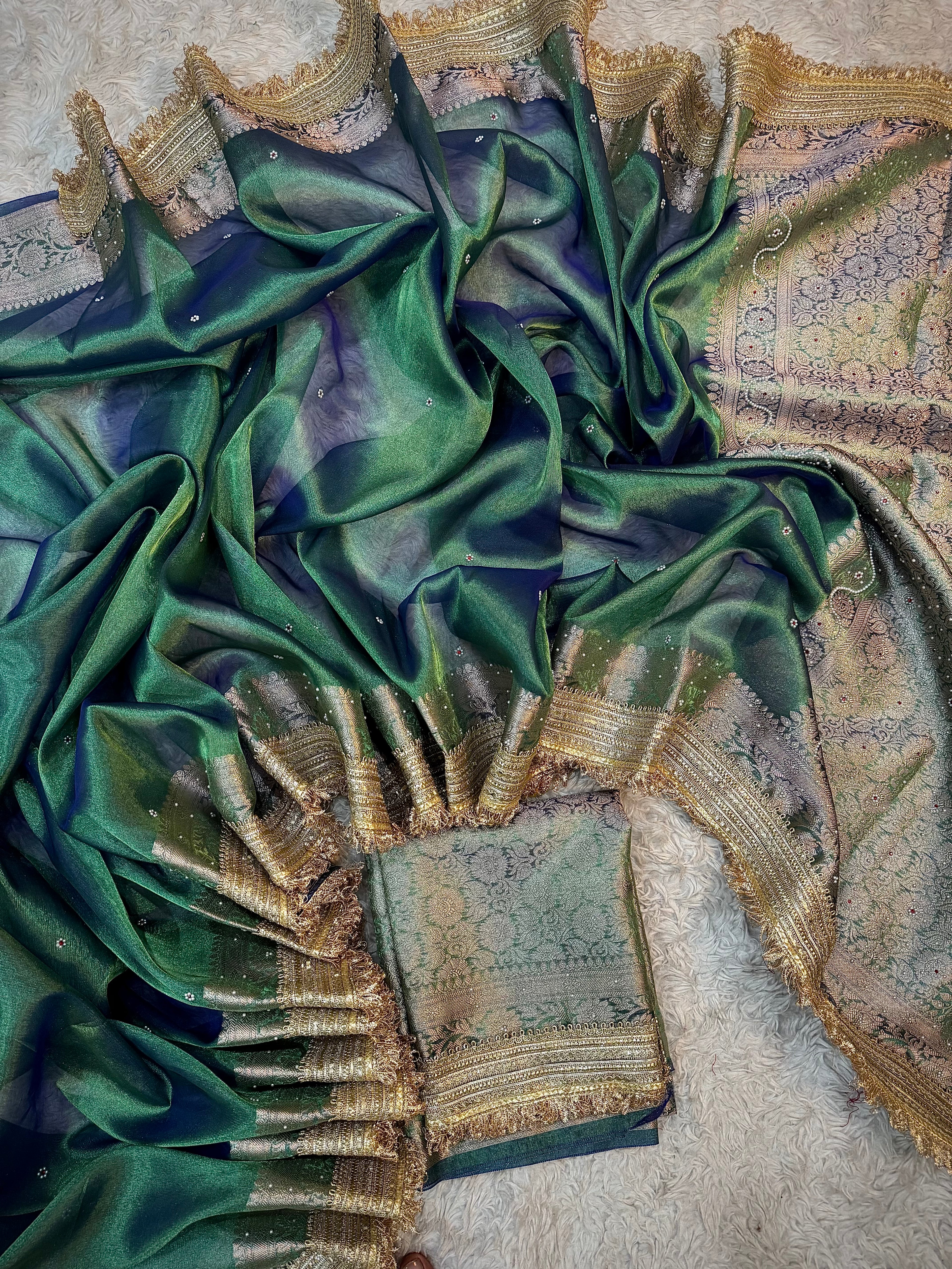 EXCLUSIVE PEACOCK GREEN SHADE SOFT TISSUE SILK SAREE DESIGNER HAND STONE WORK WITH LACE ATTACHED