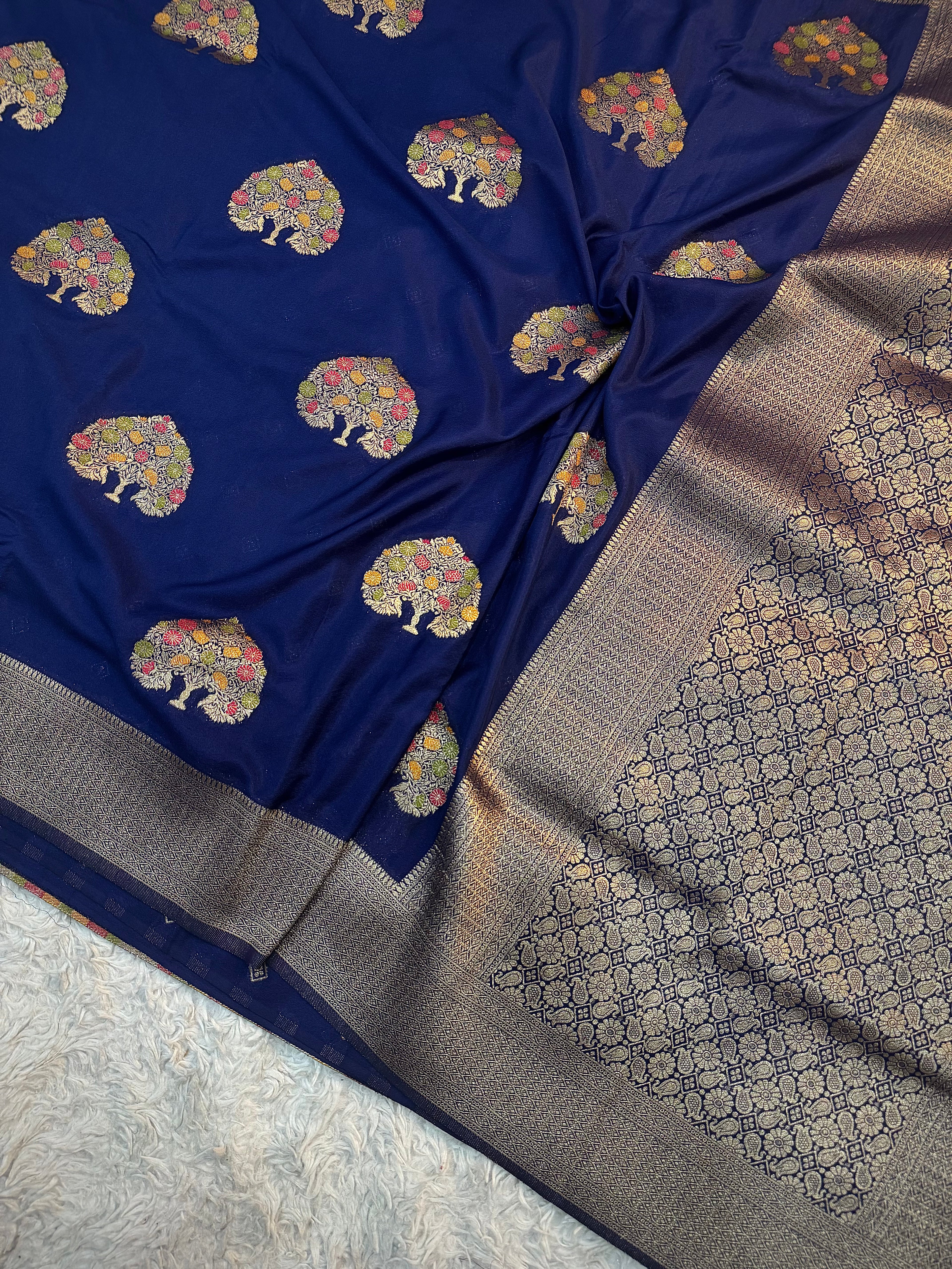 MIDNIGHT BLUE SHADE CHINON GEORGETTE SILK MEENAKARI SAREE
