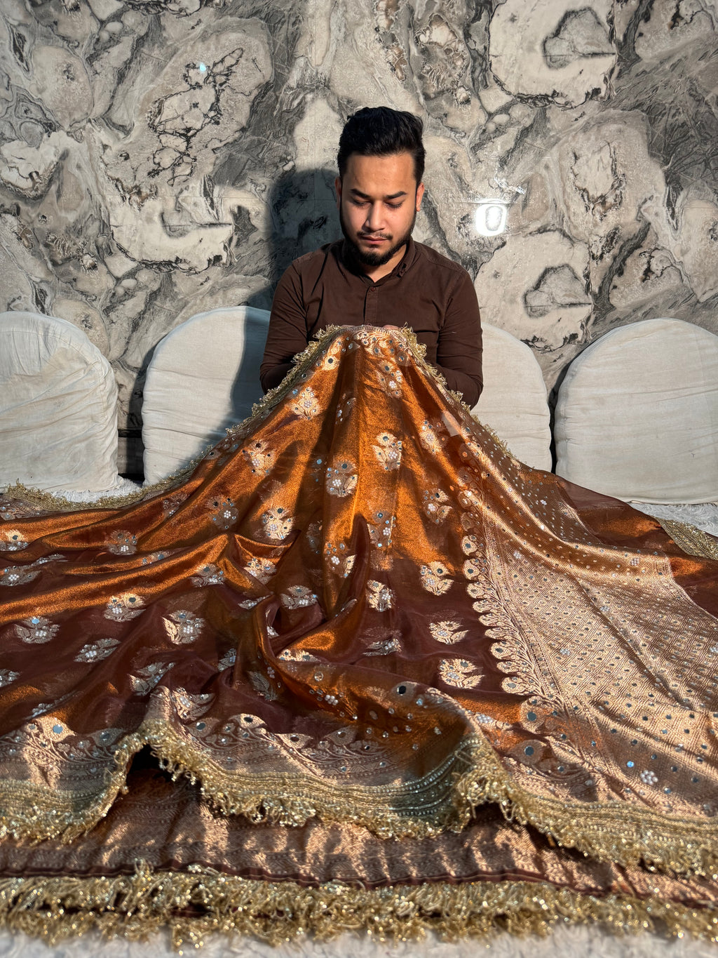 EXCLUSIVE COPPER SHADE SOFT TISSUE SILK MIRROR WORK DESIGNER SAREE