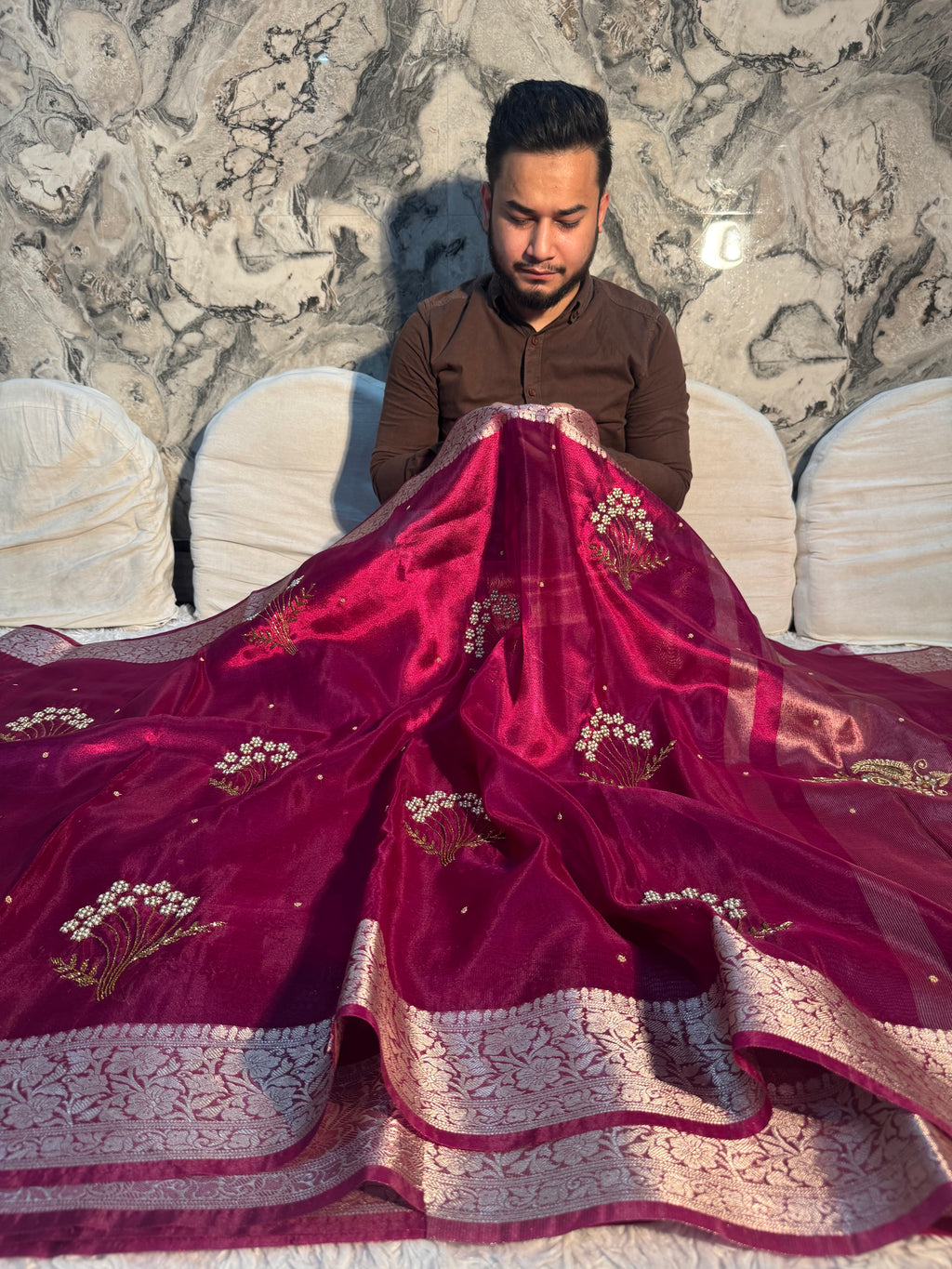LUXURIOUS WINE SHADE SOFT TISSUE SILK WITH PREMIUM ZARDOZI AND LACE WORK