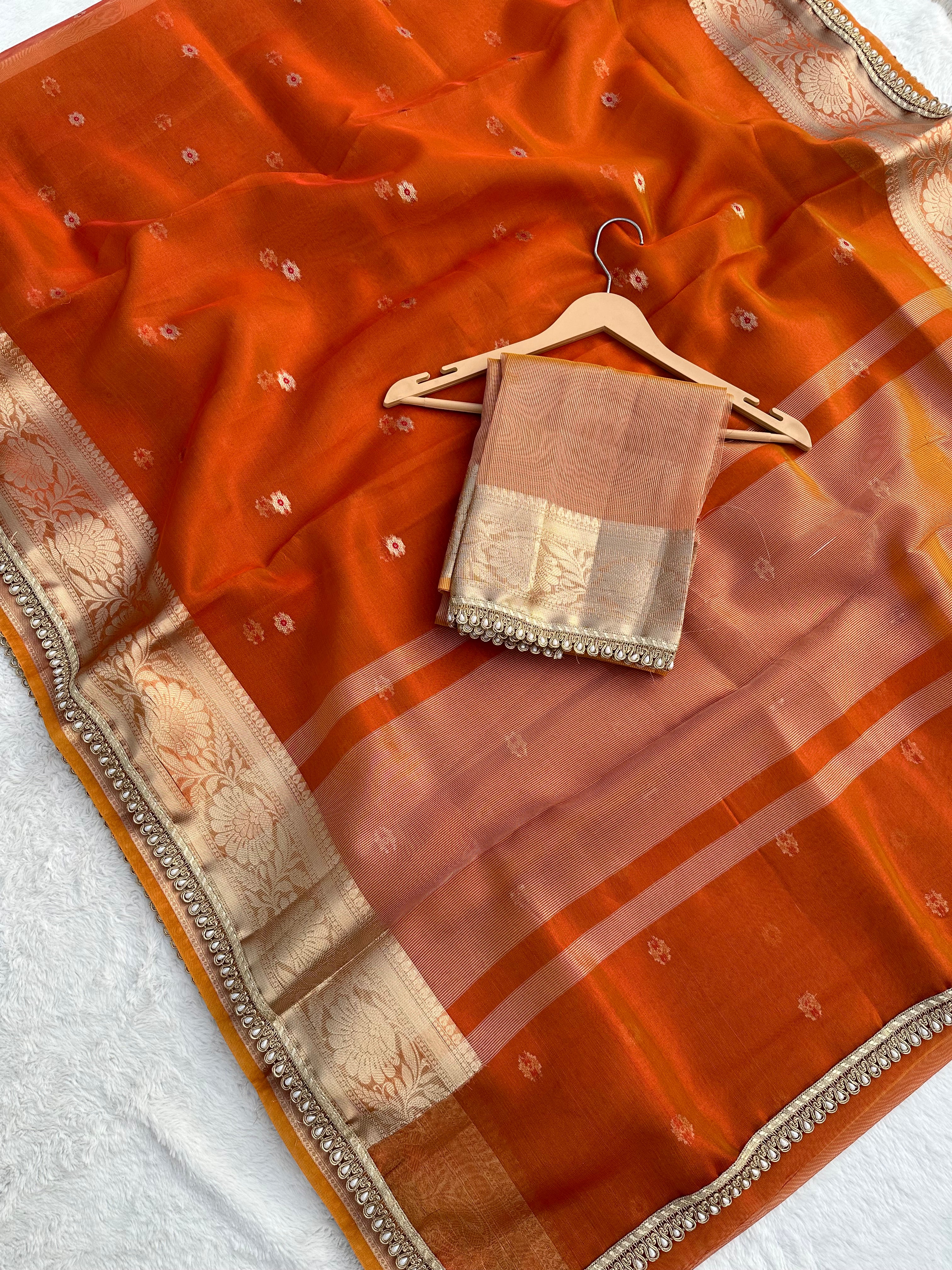 PREMIUM RUST SHADE DESIGNER TISSUE SILK BOOTI SAREE WITH LACE ATTACHED