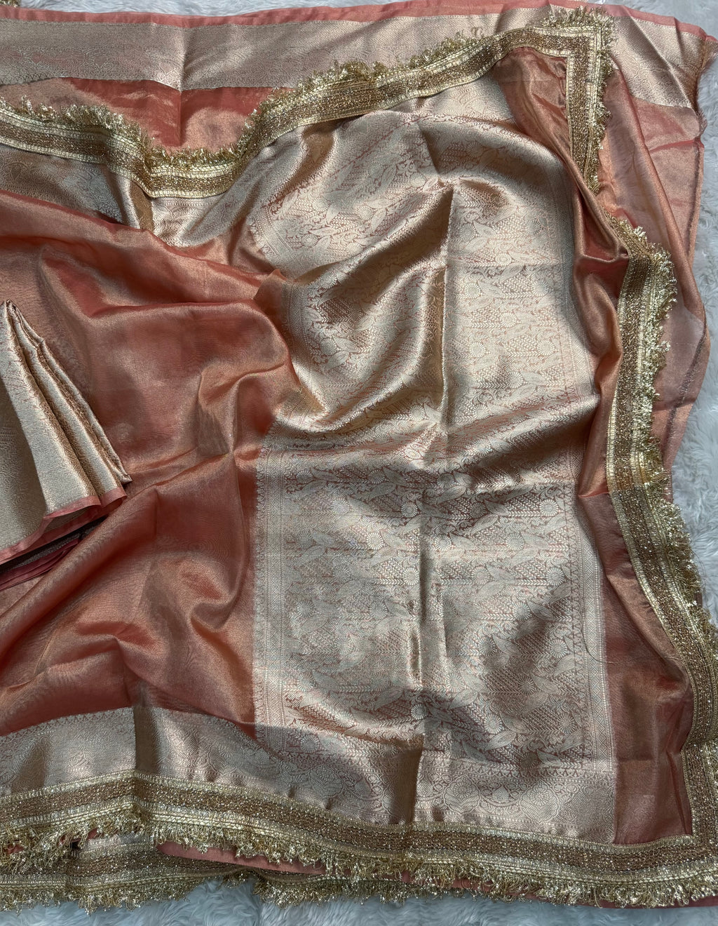 PREMIUM PEACH SHADE SOFT TISSUE SILK SAREE WITH LACE ATTACHED