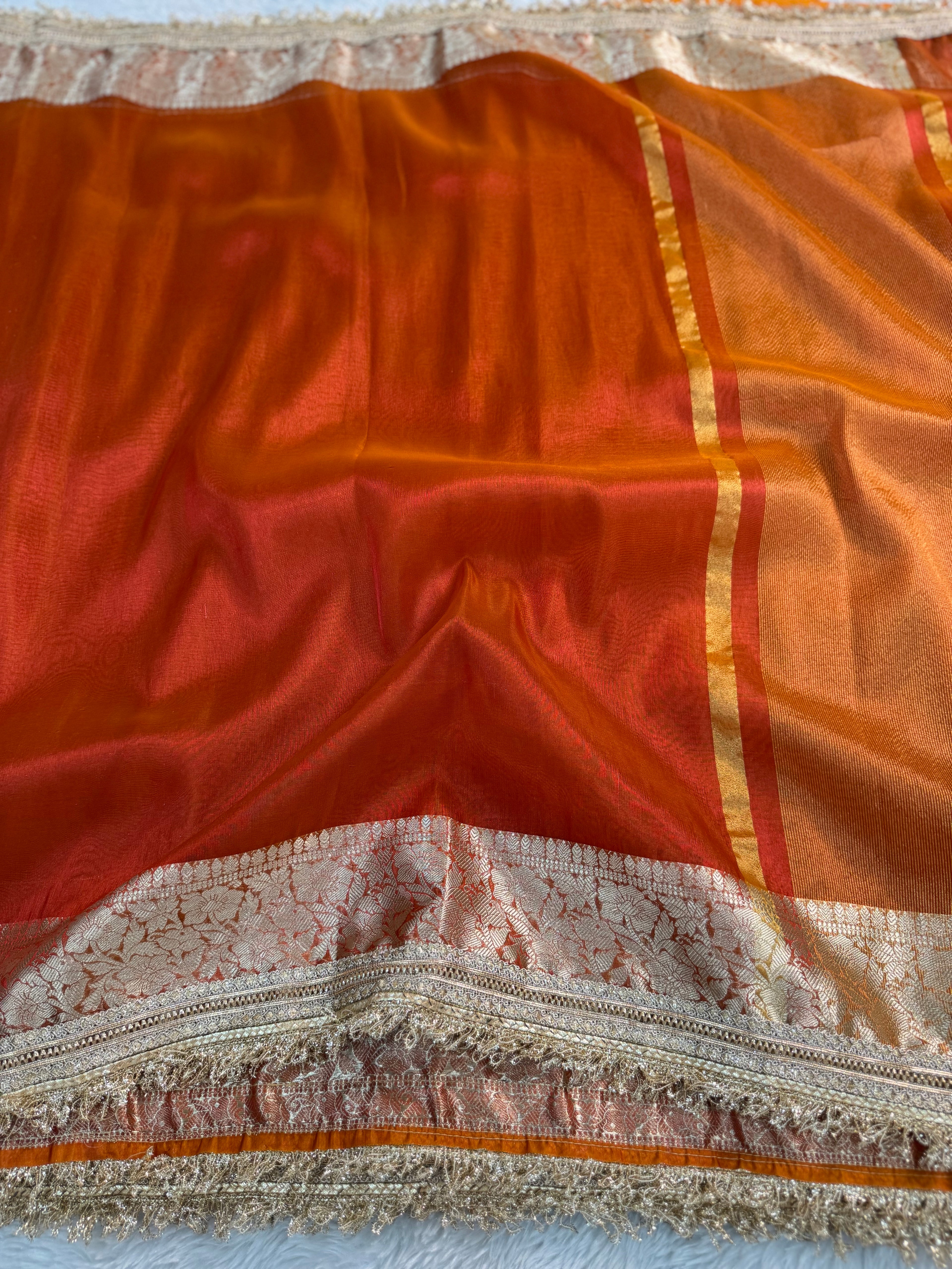 PREMIUM RADDISH RUST SOFT TISSUE SILK SAREE WITH LACE ATTACHED
