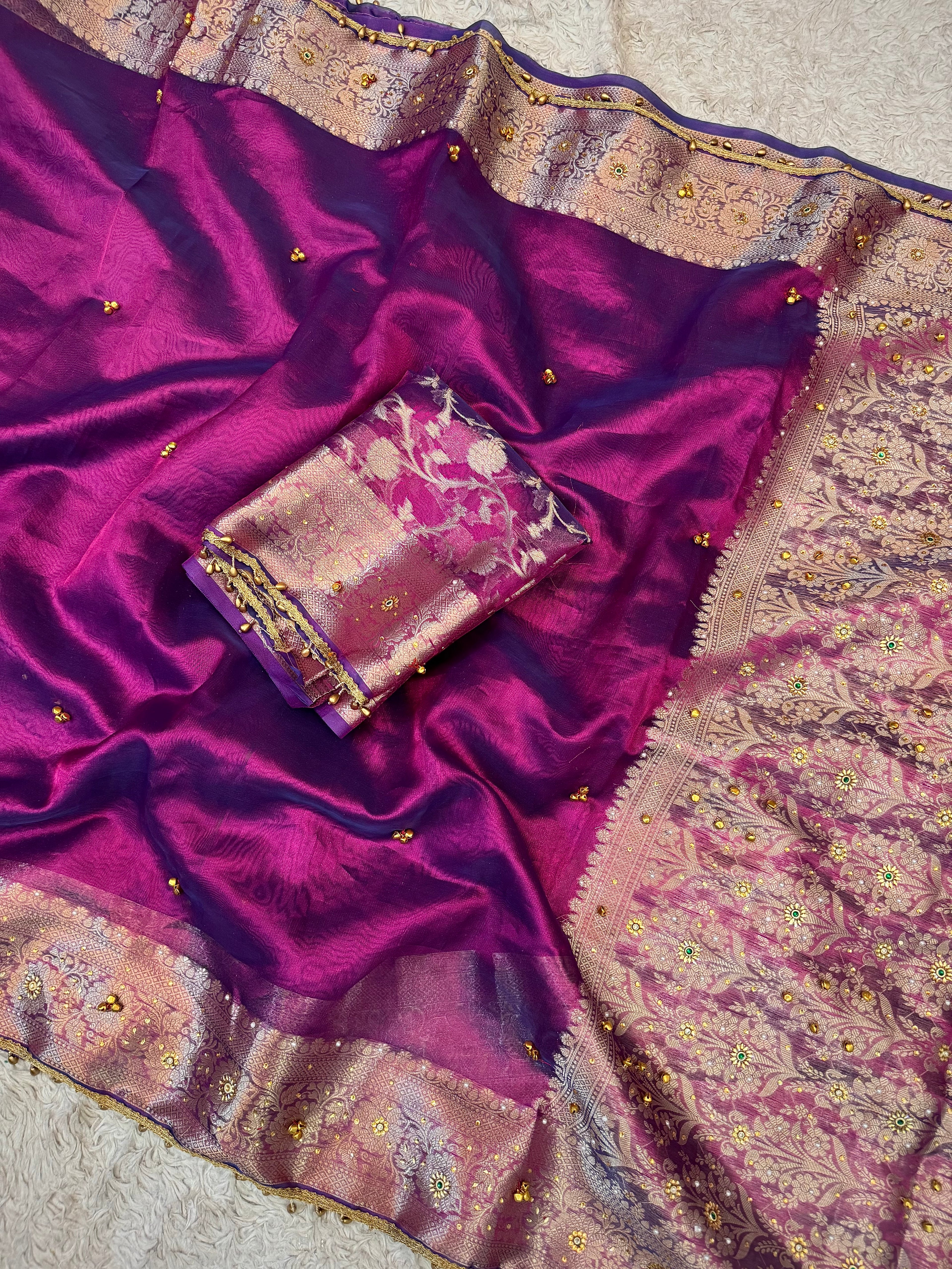 PREMIUM BAIGANI DUAL SHADE GHUNGROO WORK SOFT BANARASI TISSUE SILK DESIGNER SAREE