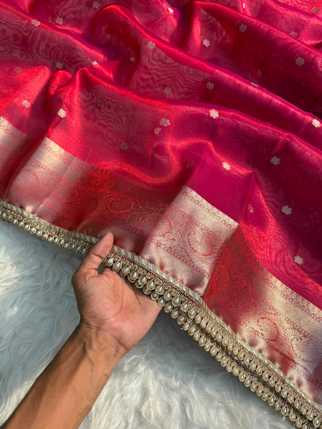 PREMIUM RED SHADE DESIGNER TISSUE SILK BOOTI SAREE WITH LACE ATTACHED