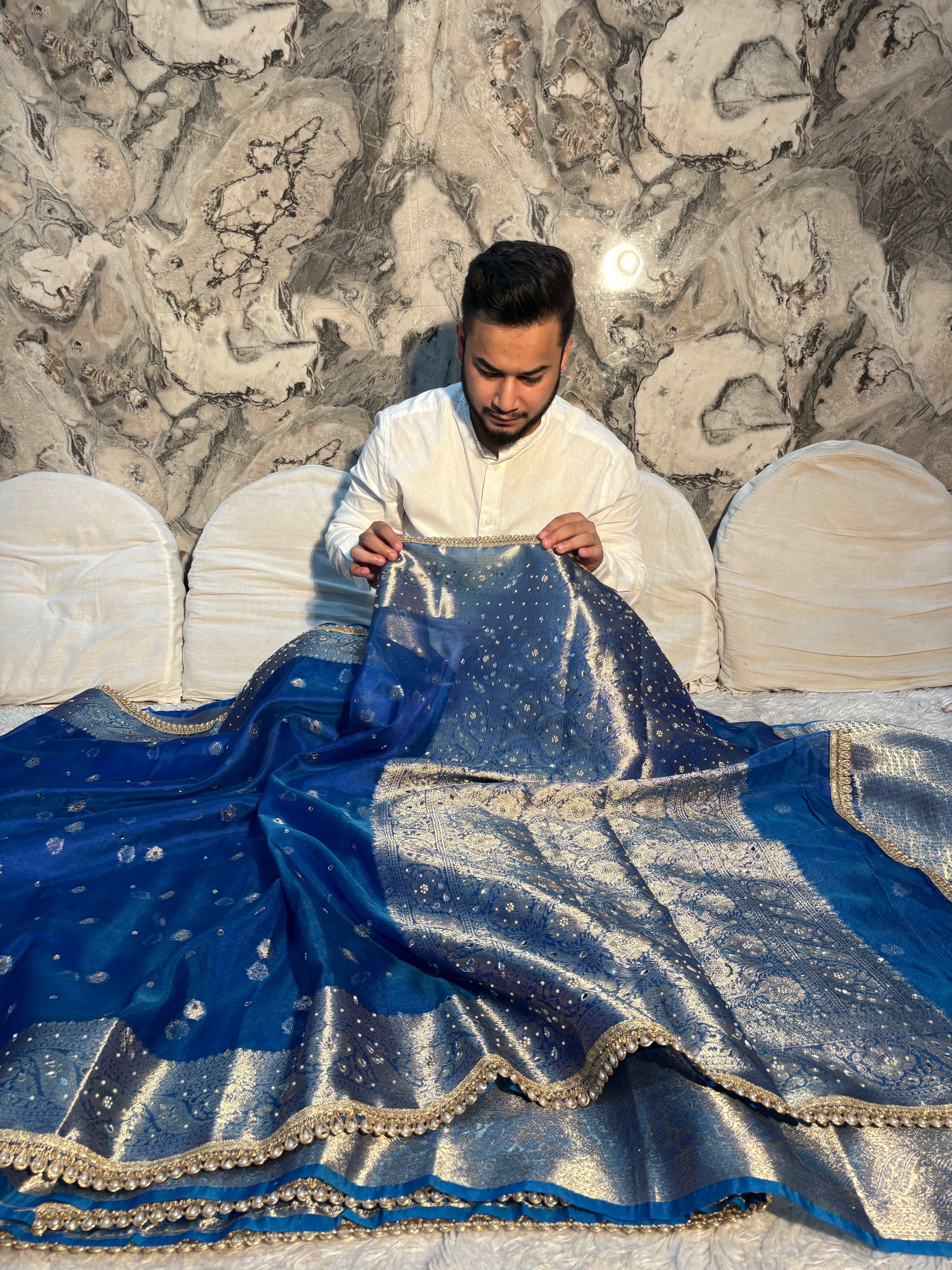 PREMIUM ROYAL BLUE SHADE BANARASI SOFT TISSUE SILK WITH MIRROR WORK DESIGNER SAREE