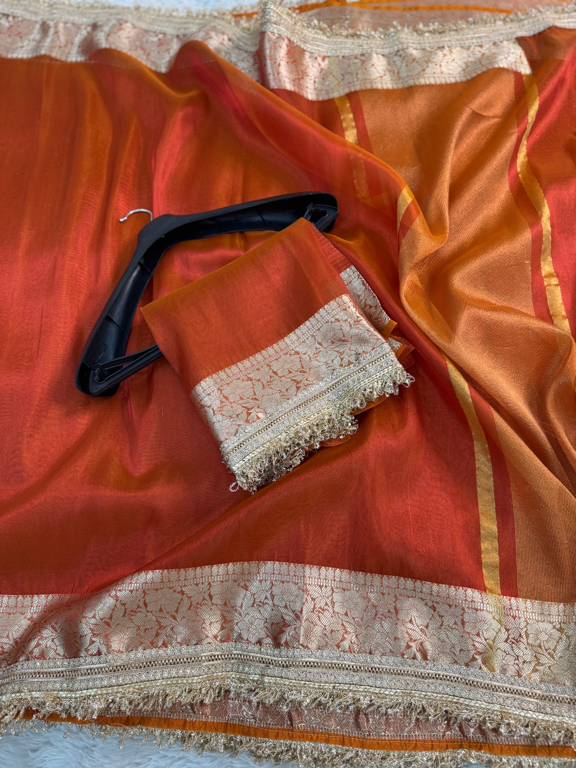 PREMIUM RADDISH RUST SOFT TISSUE SILK SAREE WITH LACE ATTACHED