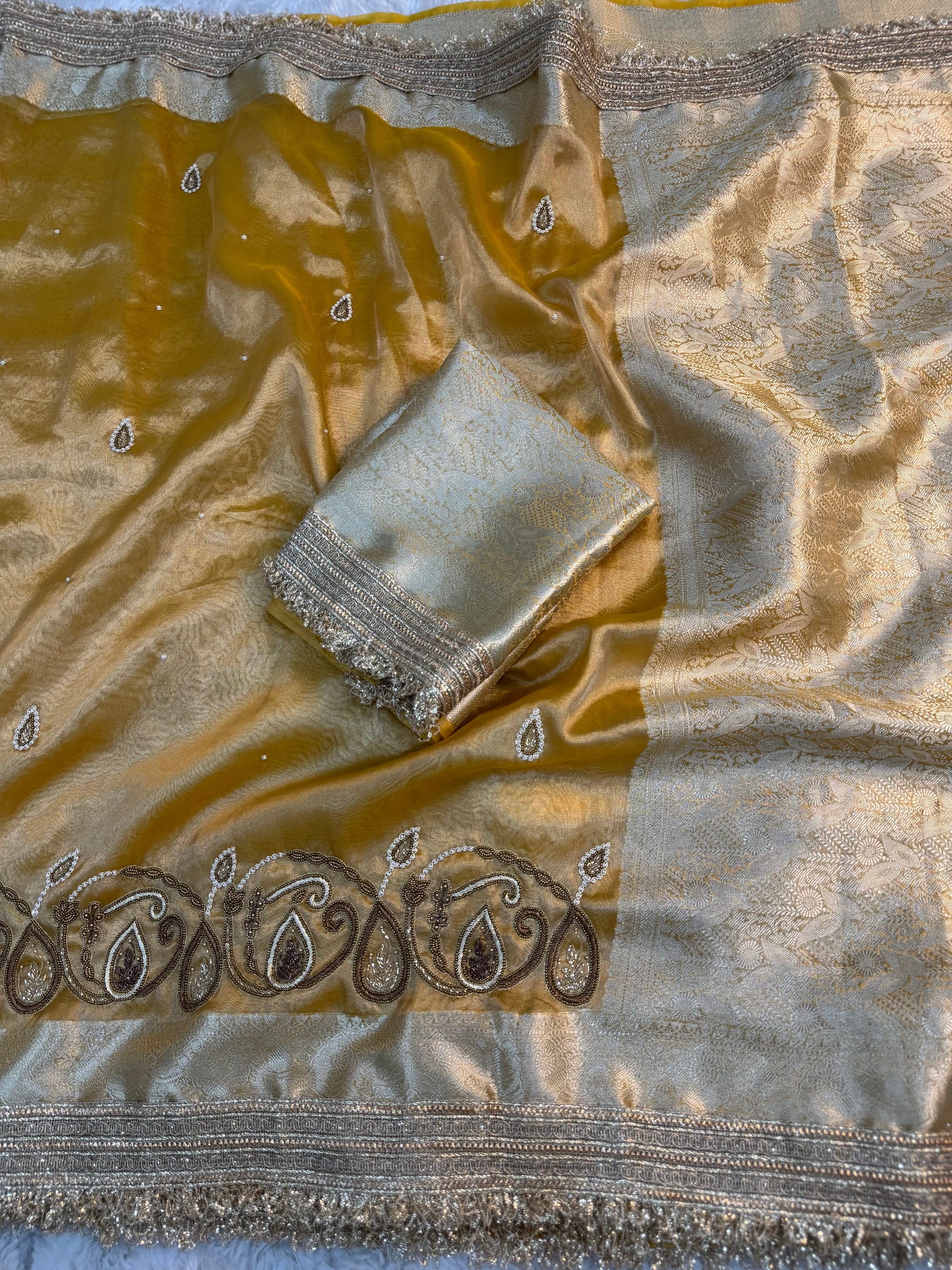 LUXURIOUS YELLOW SHADE SOFT TISSUE SILK WITH PREMIUM ZARDOZI AND LACE WORK