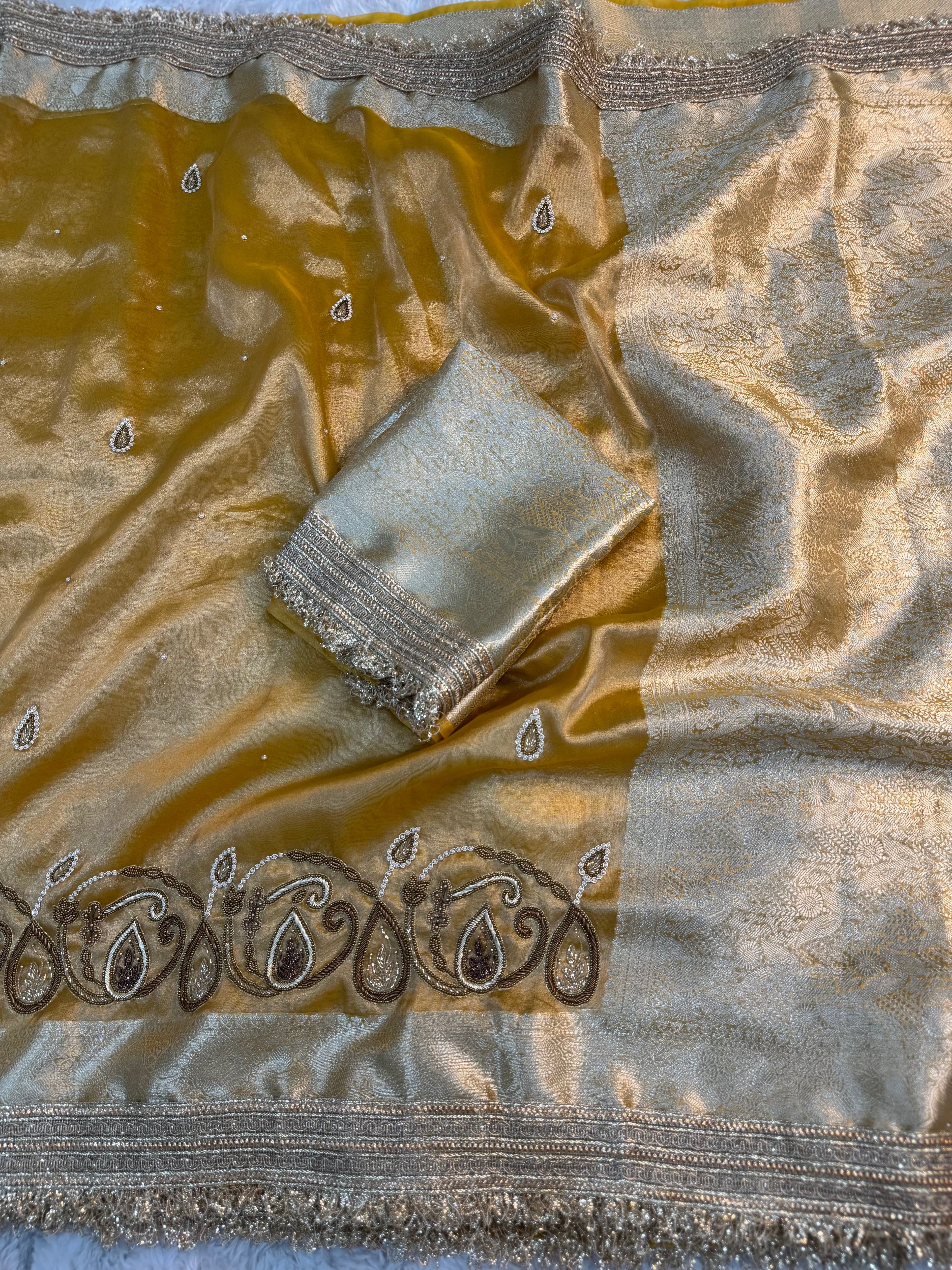 LUXURIOUS YELLOW SHADE SOFT TISSUE SILK WITH PREMIUM ZARDOZI AND LACE WORK
