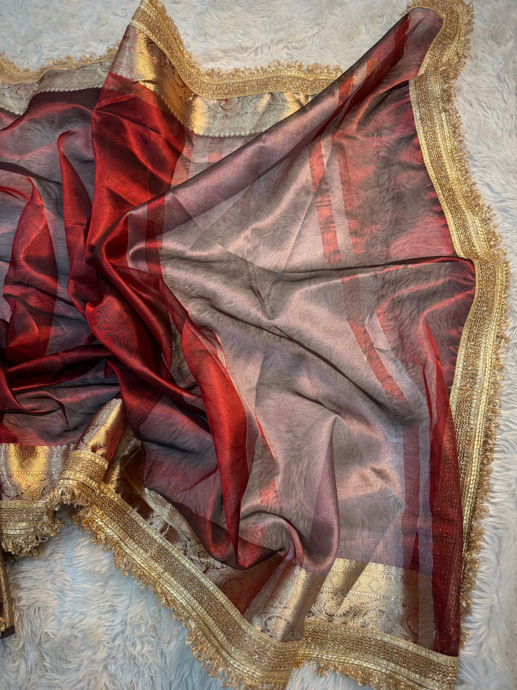 PREMIUM CARMINE RED SHADE SOFT TISSUE SILK SAREE WITH LACE ATTACHED