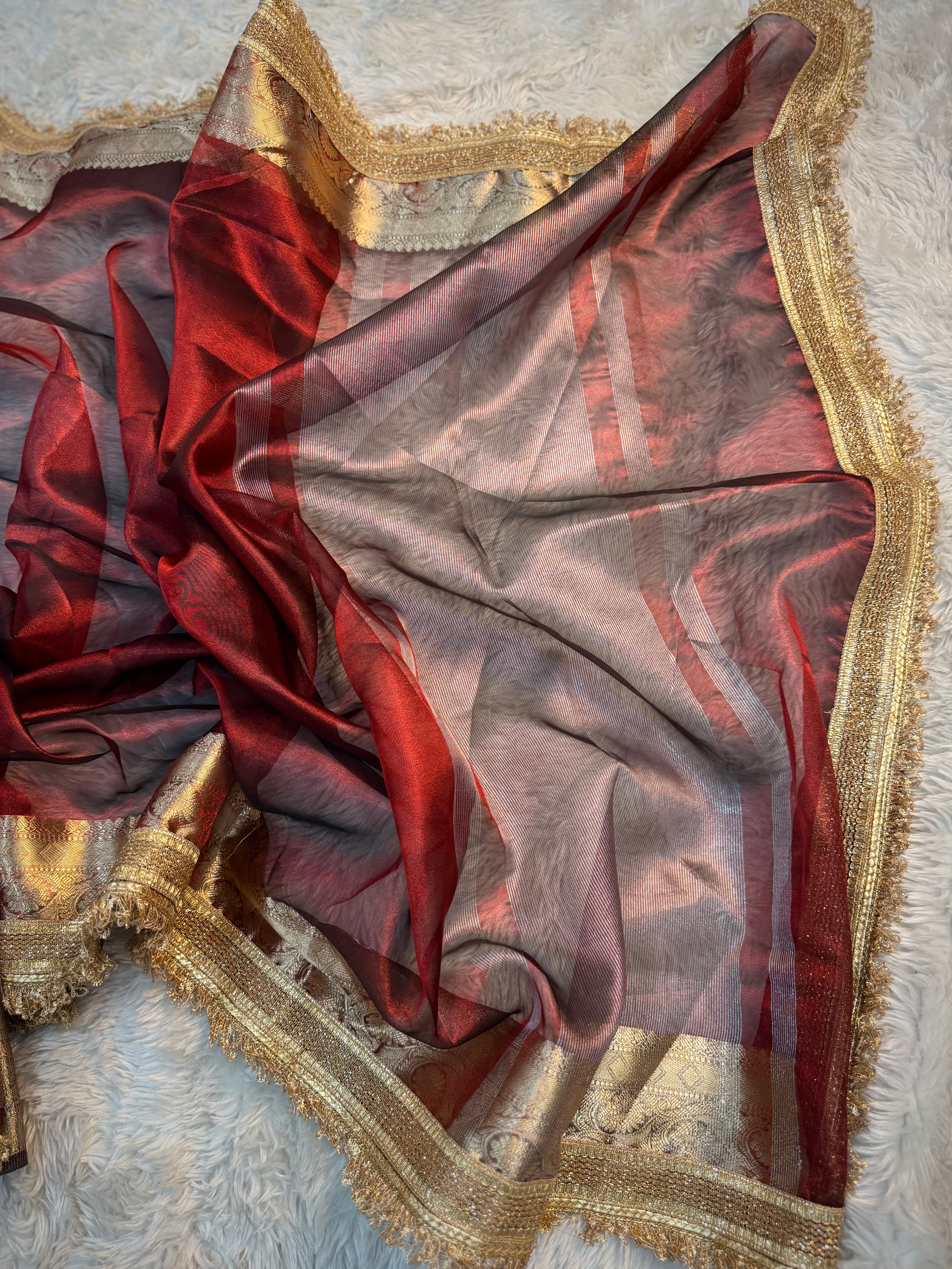 PREMIUM CARMINE RED SHADE SOFT TISSUE SILK SAREE WITH LACE ATTACHED