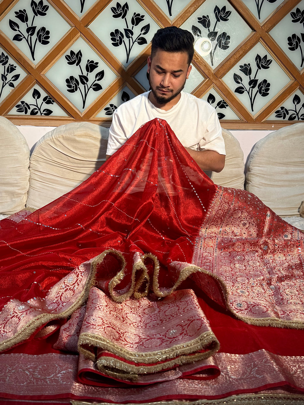 EXCLUSIVE BRIDAL RED SHADE SOFT TISSUE SILK MIRROR WORK DESIGNER SAREE