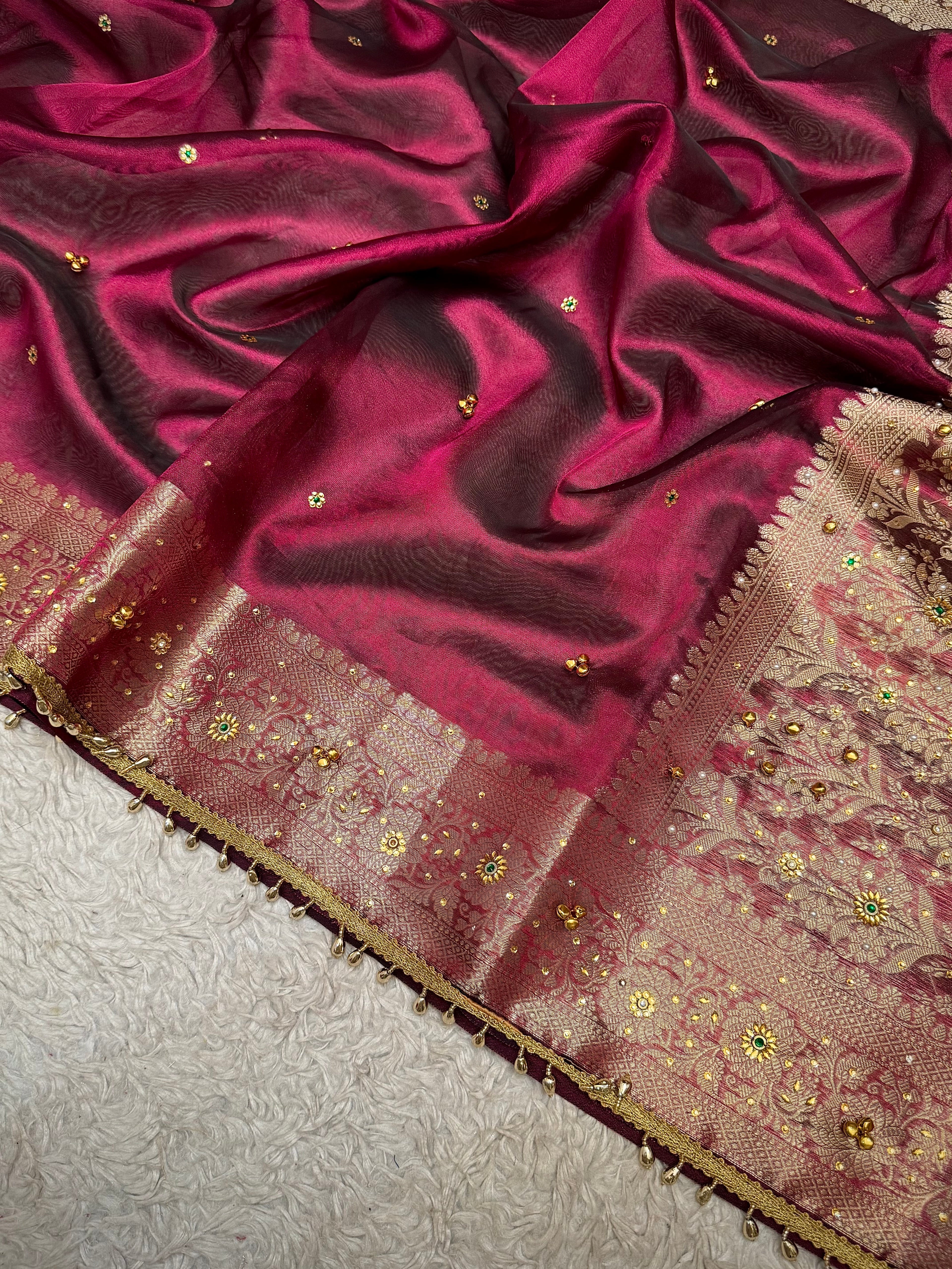 PREMIUM WINE SHADE GHUNGROO WORK SOFT BANARASI TISSUE SILK DESIGNER SAREE