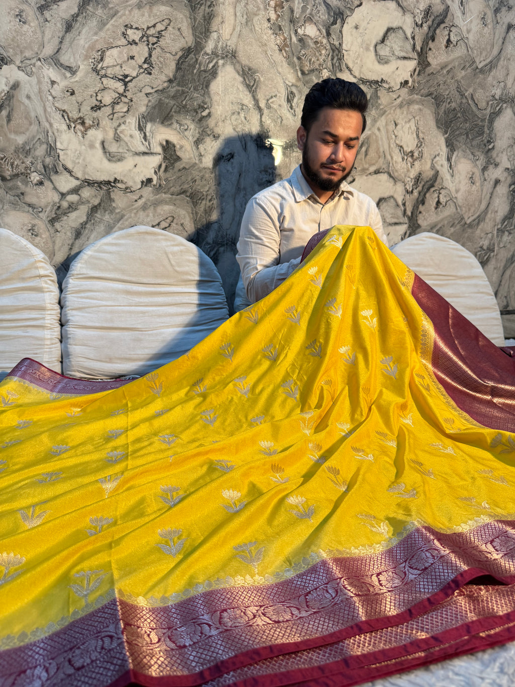PREMIUM YELLOW AND MAROON SHADE CHINIYA SILK SAREE