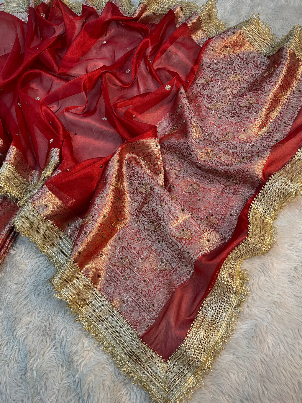 LUXURIOUS BRIDAL RED SHADE SOFT TISSUE SILK WITH PREMIUM HAND EMBROIDERY AND LACE WORK