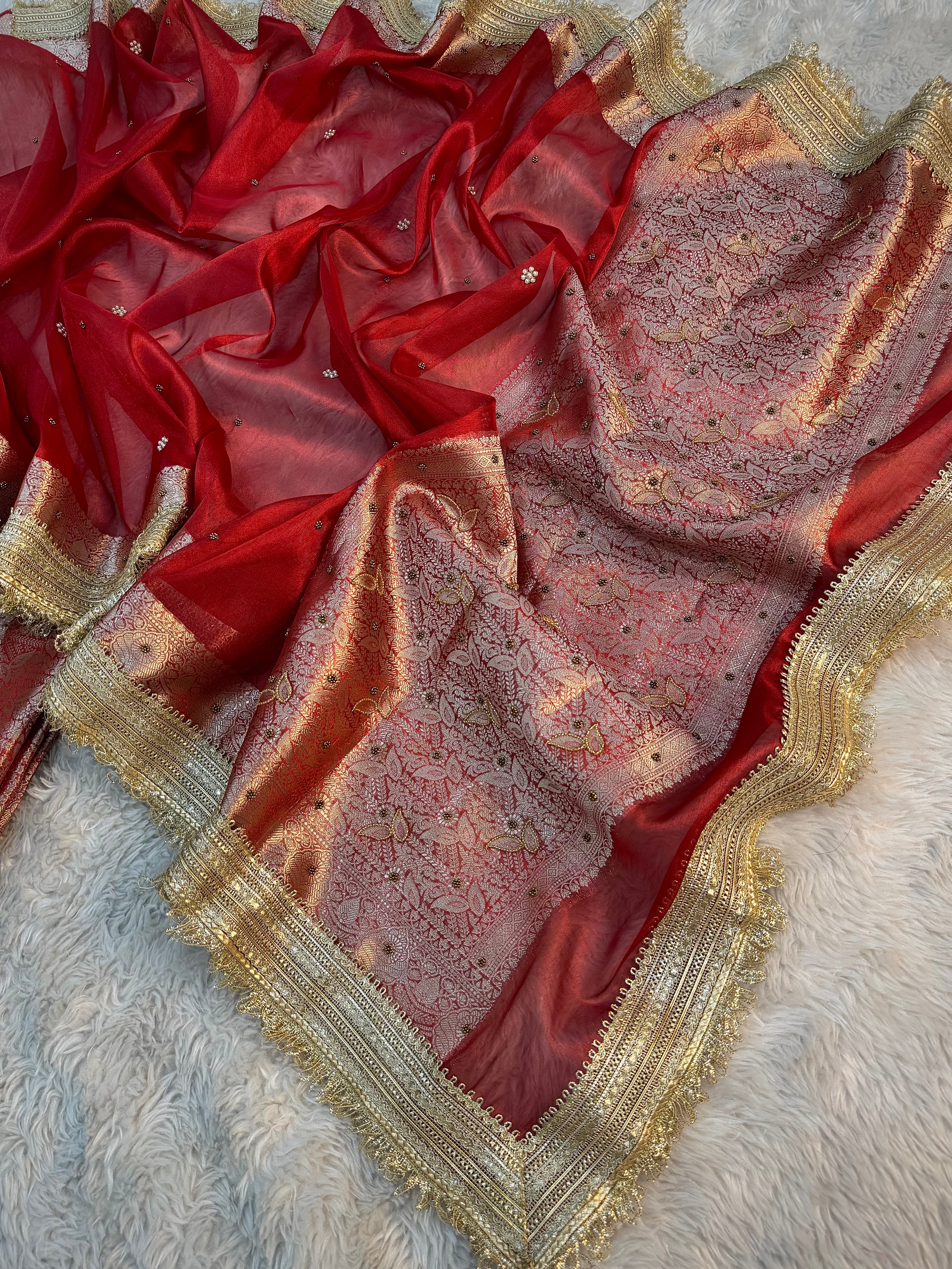 LUXURIOUS BRIDAL RED SHADE SOFT TISSUE SILK WITH PREMIUM HAND EMBROIDERY AND LACE WORK