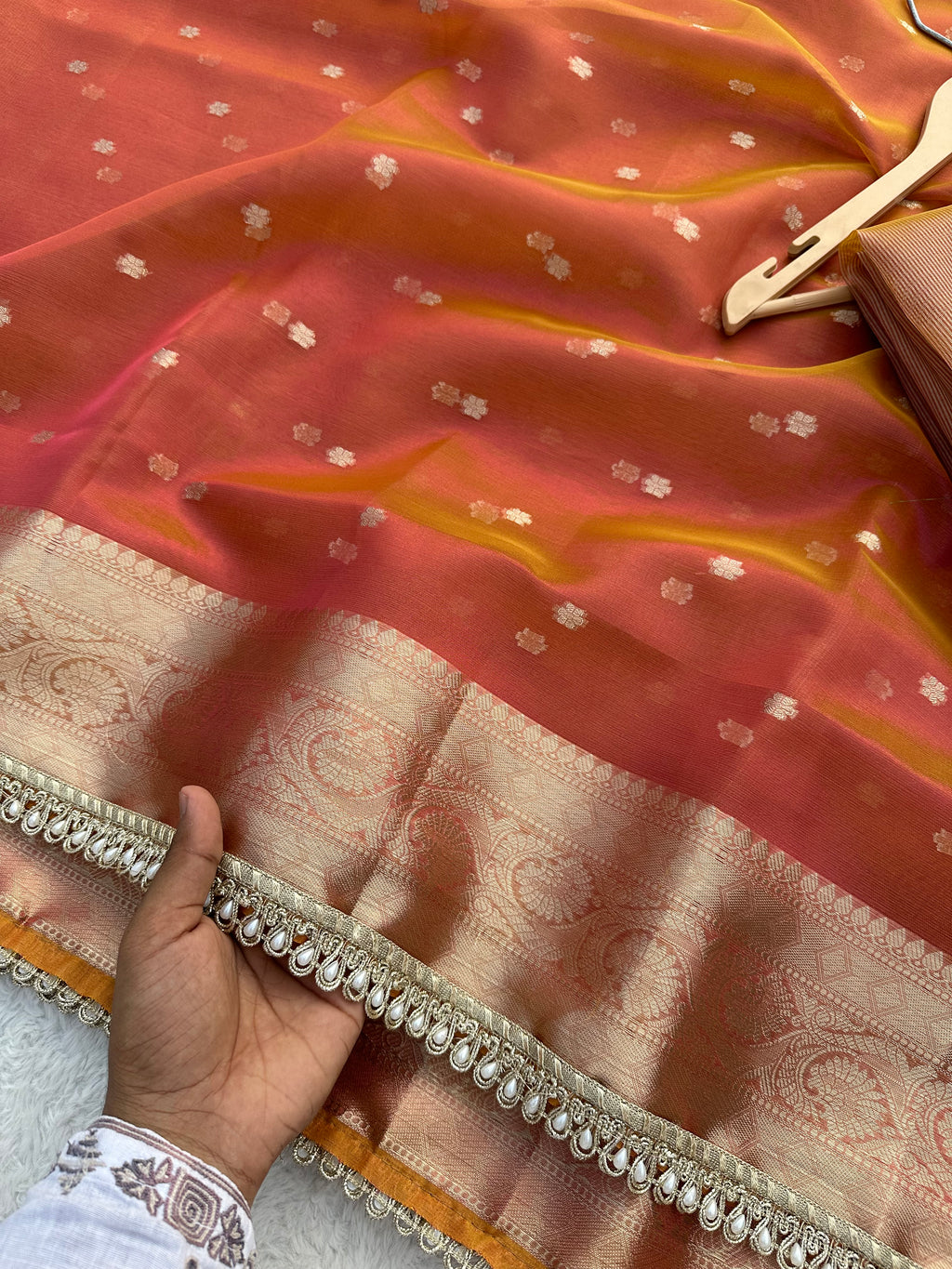 PREMIUM PINK AND ORANGE SHADE DESIGNER TISSUE SILK BOOTI SAREE WITH LACE ATTACHED
