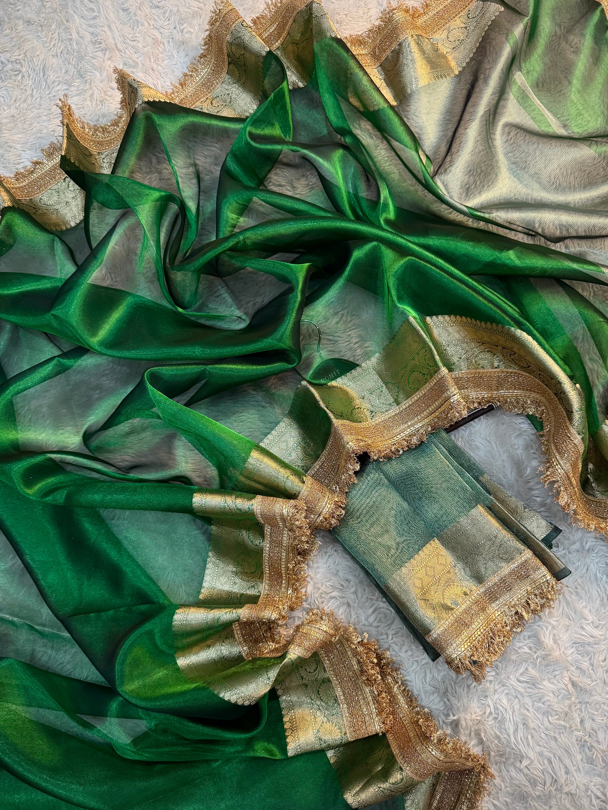 PREMIUM EMERALD GREEN SHADE SOFT TISSUE SILK SAREE WITH LACE ATTACHED