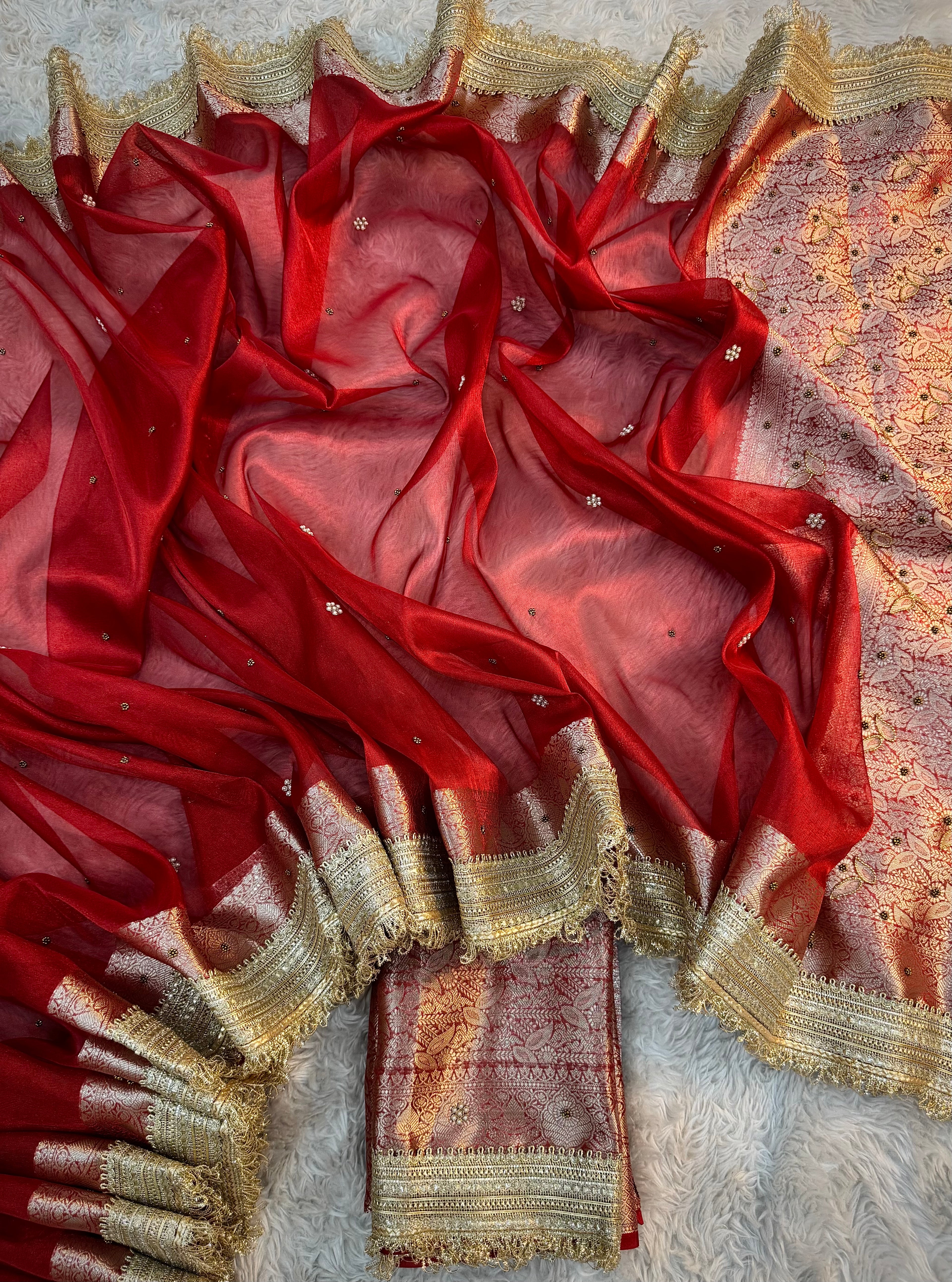 LUXURIOUS BRIDAL RED SHADE SOFT TISSUE SILK WITH PREMIUM HAND EMBROIDERY AND LACE WORK