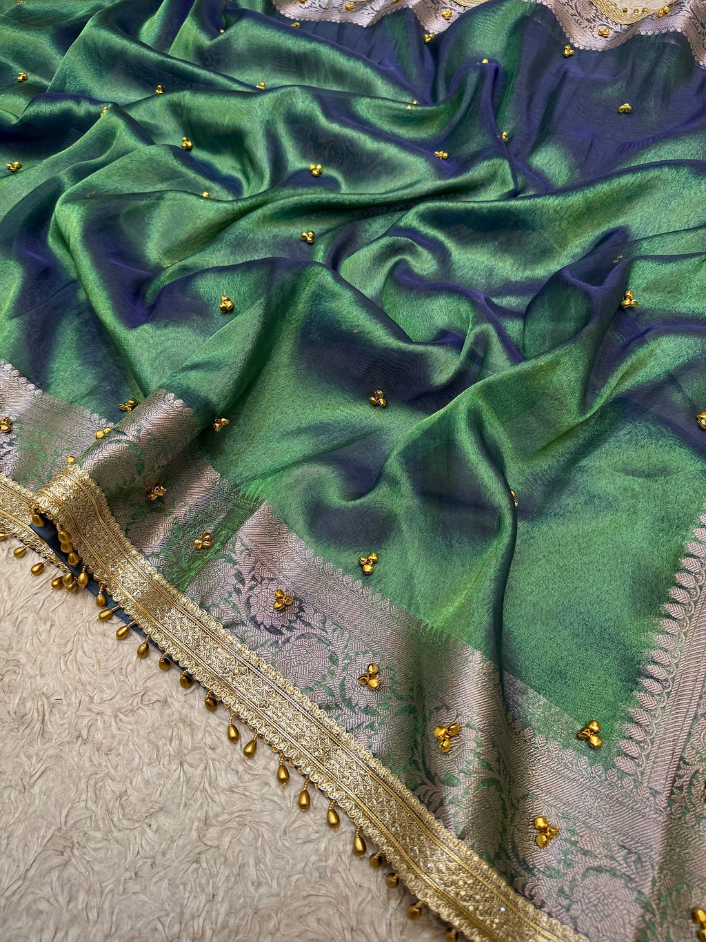 PREMIUM PEACOCK SHADE GHUNGROO WORK SOFT BANARASI TISSUE SILK DESIGNER SAREE