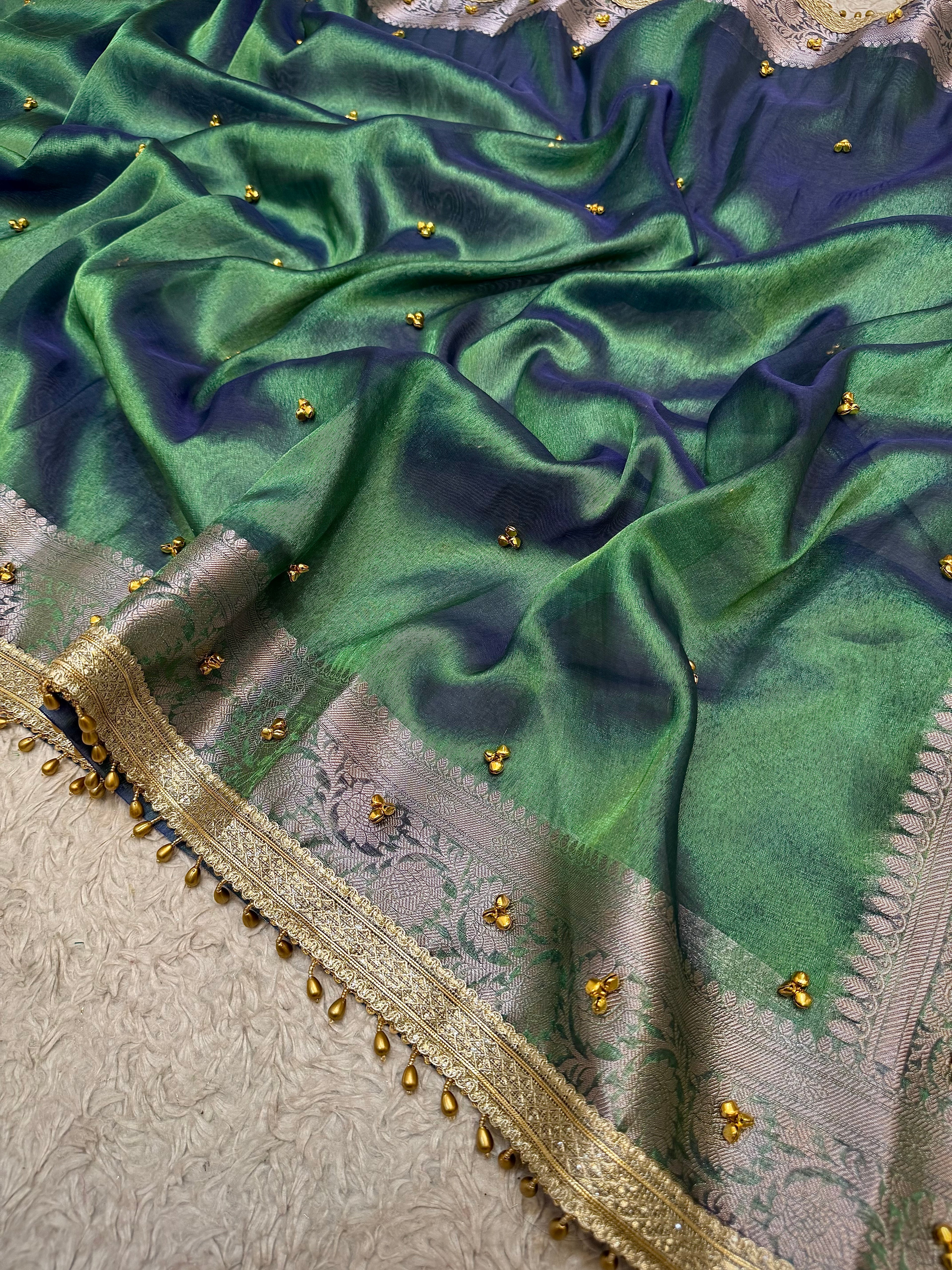PREMIUM PEACOCK SHADE GHUNGROO WORK SOFT BANARASI TISSUE SILK DESIGNER SAREE