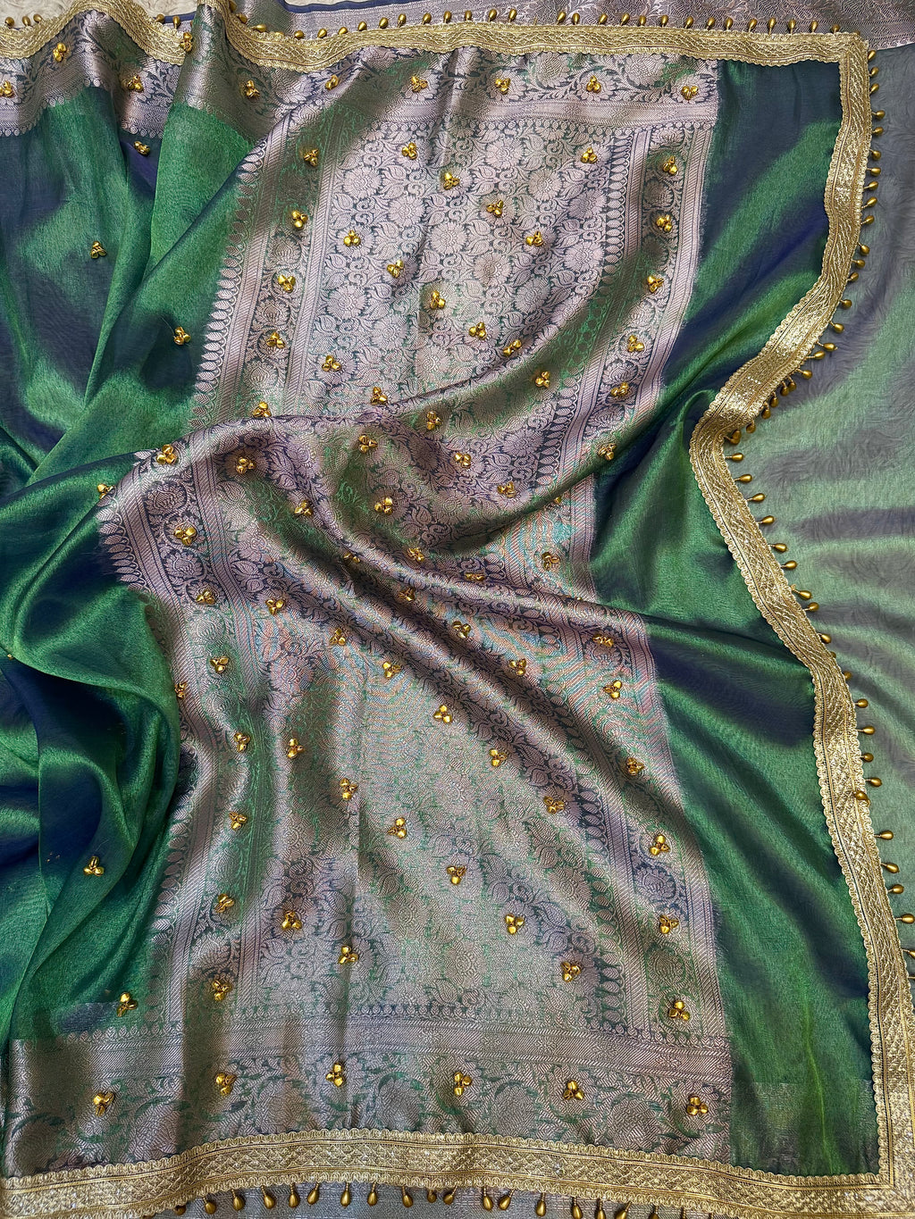 PREMIUM PEACOCK SHADE GHUNGROO WORK SOFT BANARASI TISSUE SILK DESIGNER SAREE