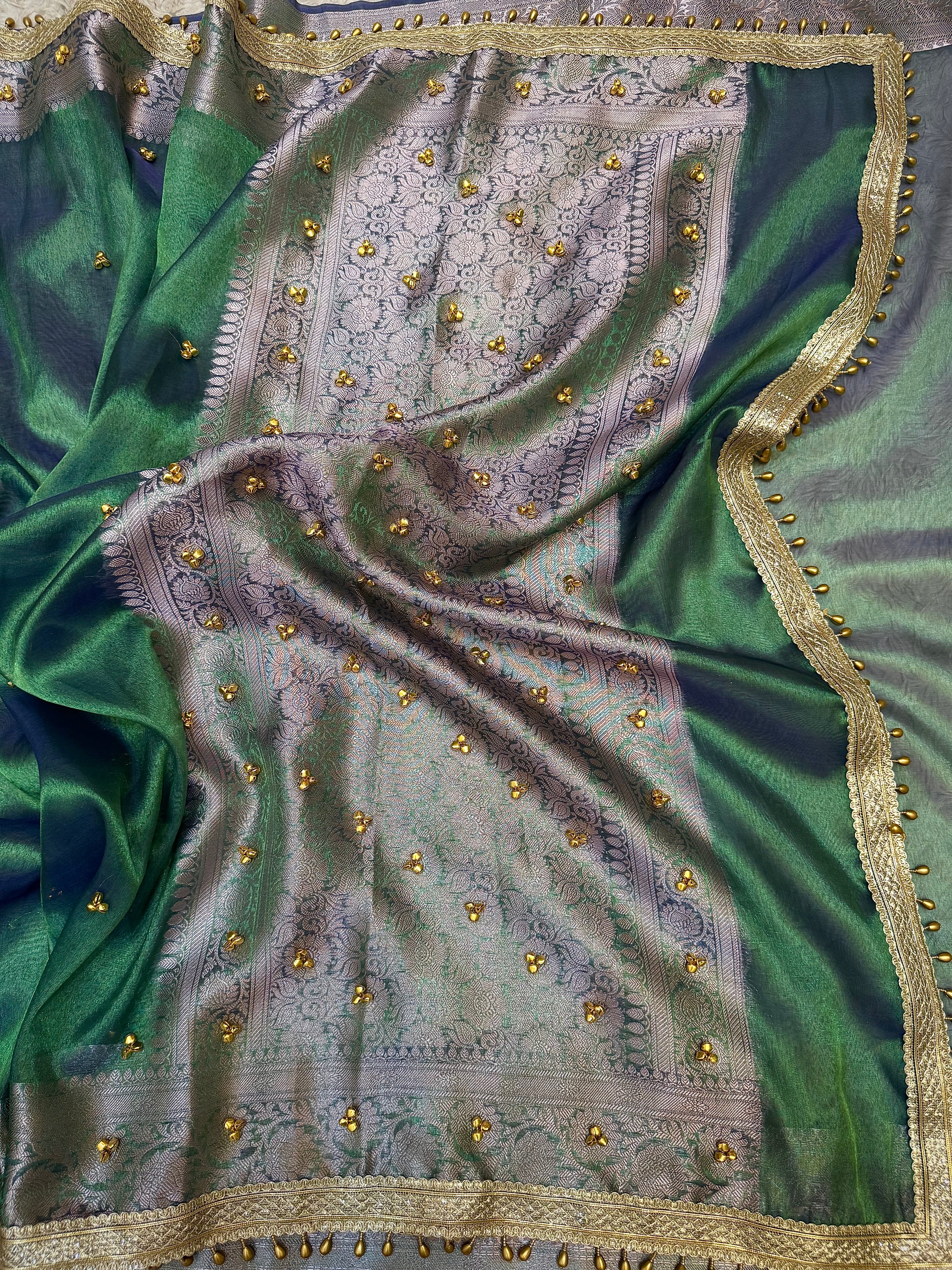 PREMIUM PEACOCK SHADE GHUNGROO WORK SOFT BANARASI TISSUE SILK DESIGNER SAREE