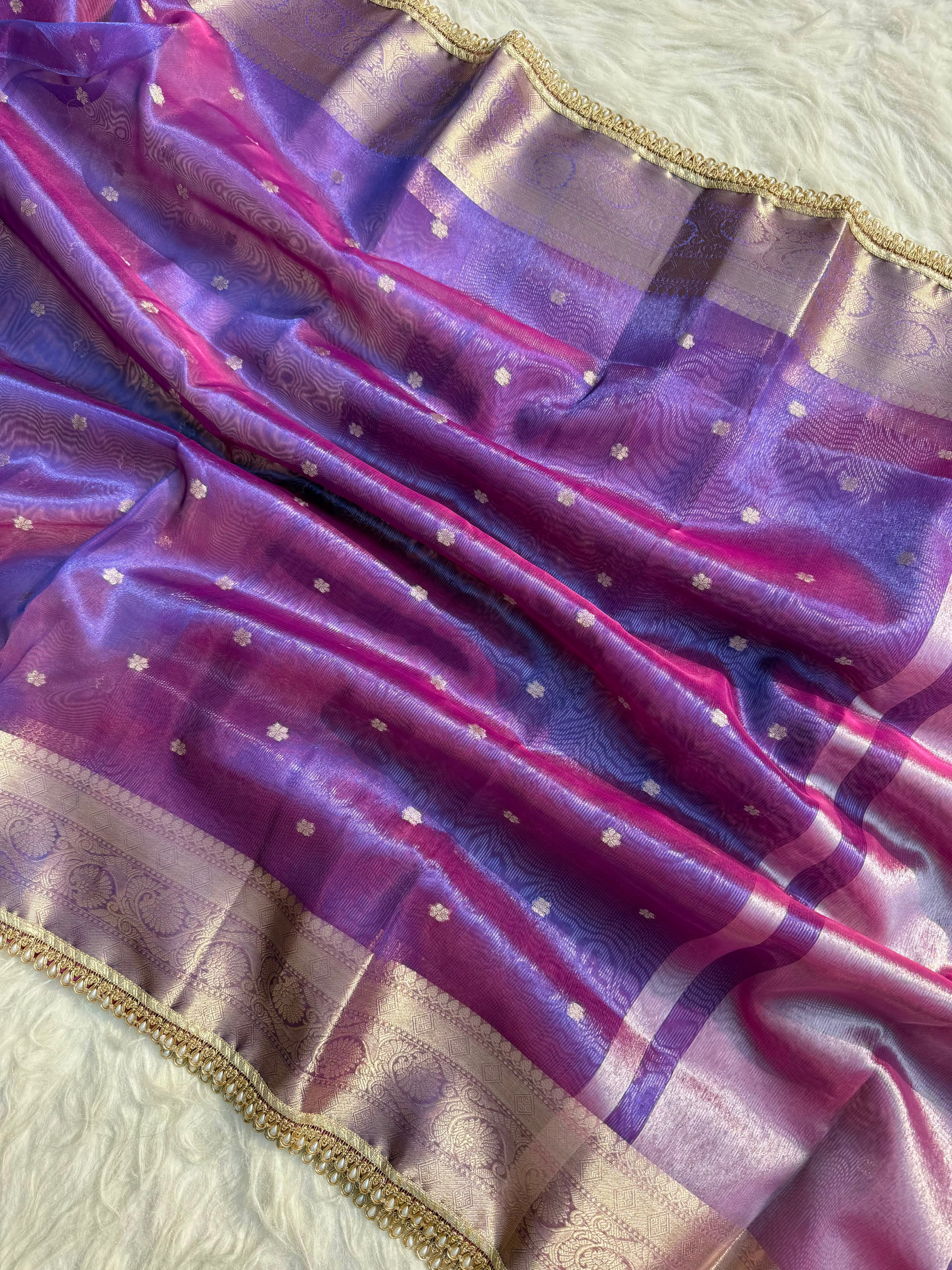 PREMIUM PURPLE SHADE DESIGNER TISSUE SILK BOOTI SAREE WITH LACE ATTACHED