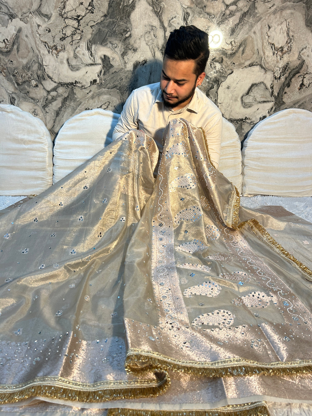 PREMIUM WATER ZARI BANARASI SOFT TISSUE SILK WITH MIRROR WORK DESIGNER SAREE