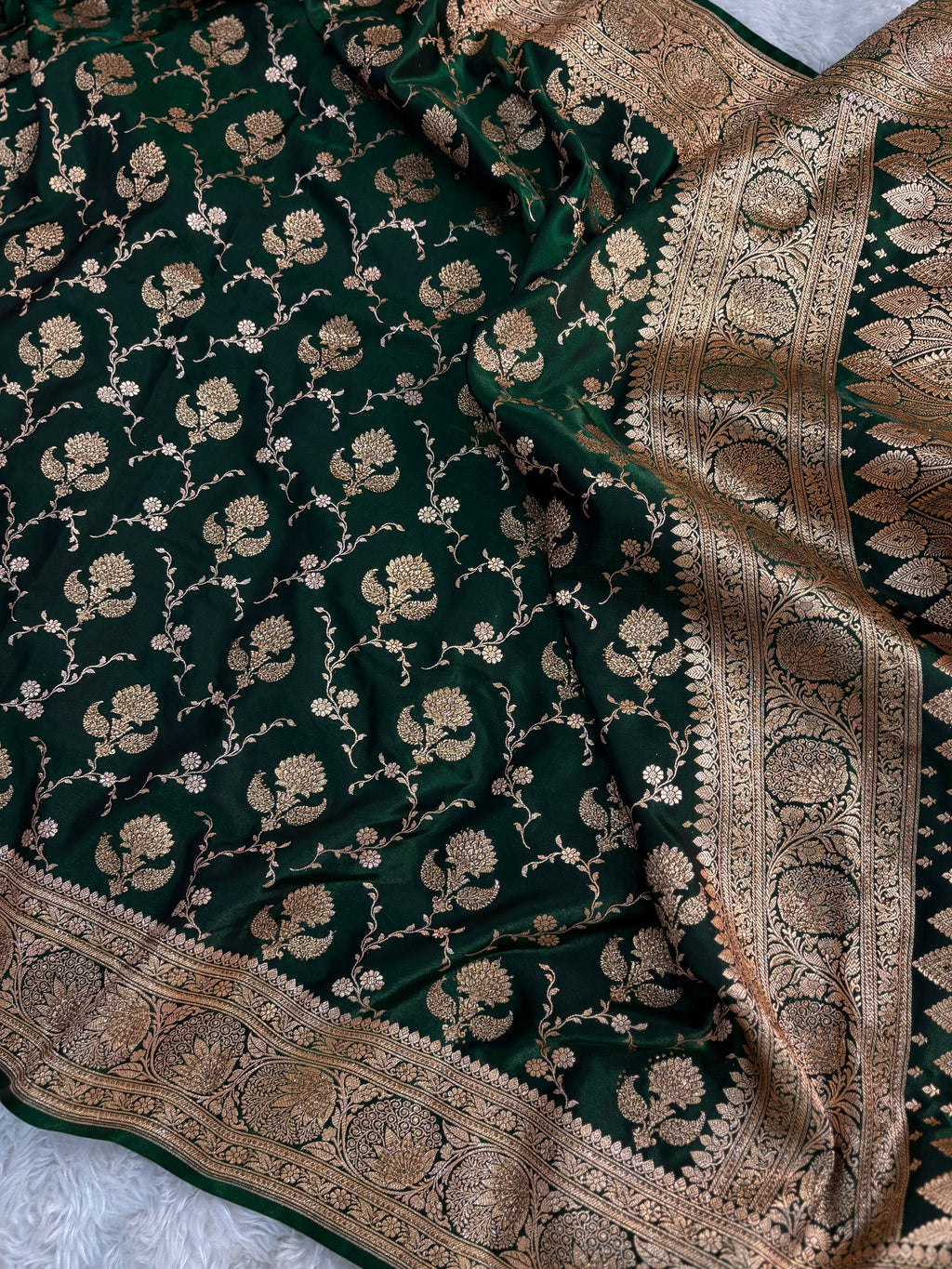LUXURIOUS BOTTLE GREEN SATIN KATAN SILK SAREE WITH PREMIUM SWAROSKI WORK