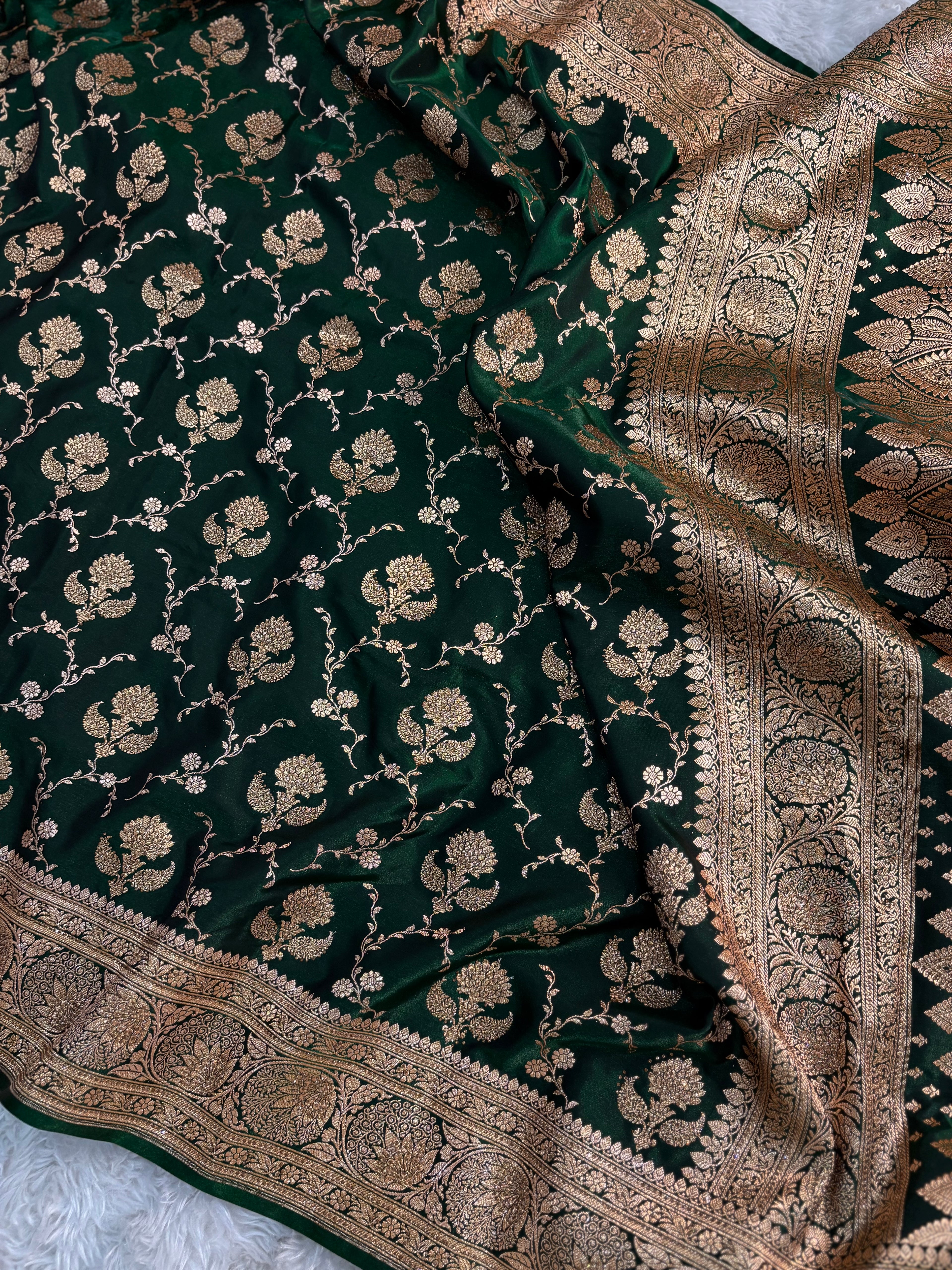 LUXURIOUS BOTTLE GREEN SATIN KATAN SILK SAREE WITH PREMIUM SWAROSKI WORK