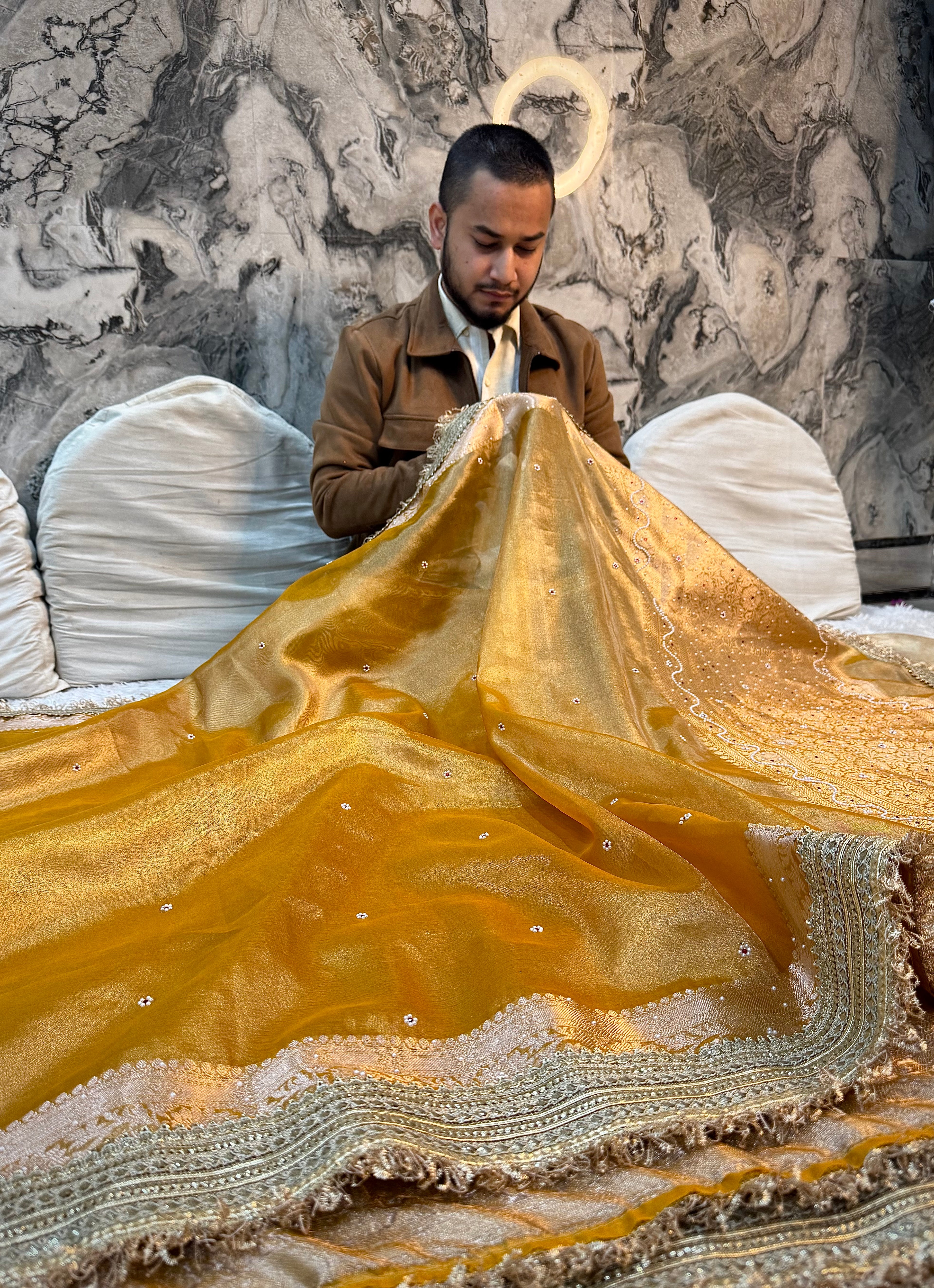 EXCLUSIVE YELLOW SHADE SOFT TISSUE SILK SAREE DESIGNER HAND STONE WORK WITH LACE ATTACHED