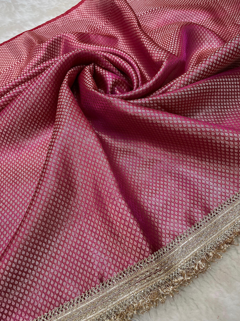 PREMIUM HOT PINK SHADE SOFT TISSUE SILK SAREE DESIGNER HAND STONE WORK WITH LACE ATTACHED