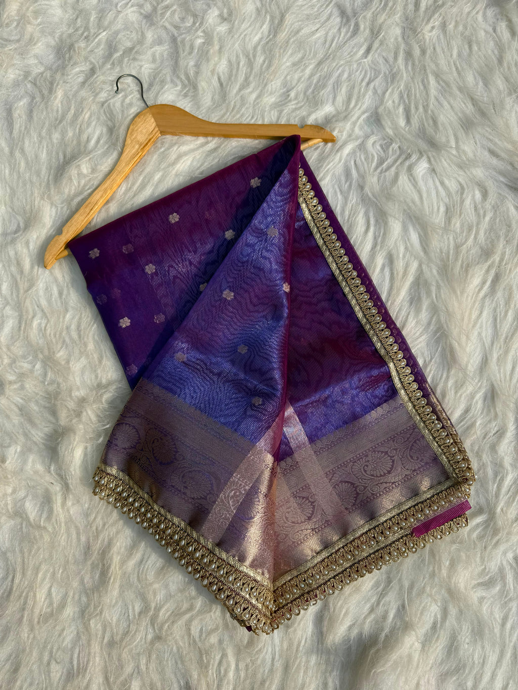 PREMIUM PURPLE SHADE DESIGNER TISSUE SILK BOOTI SAREE WITH LACE ATTACHED