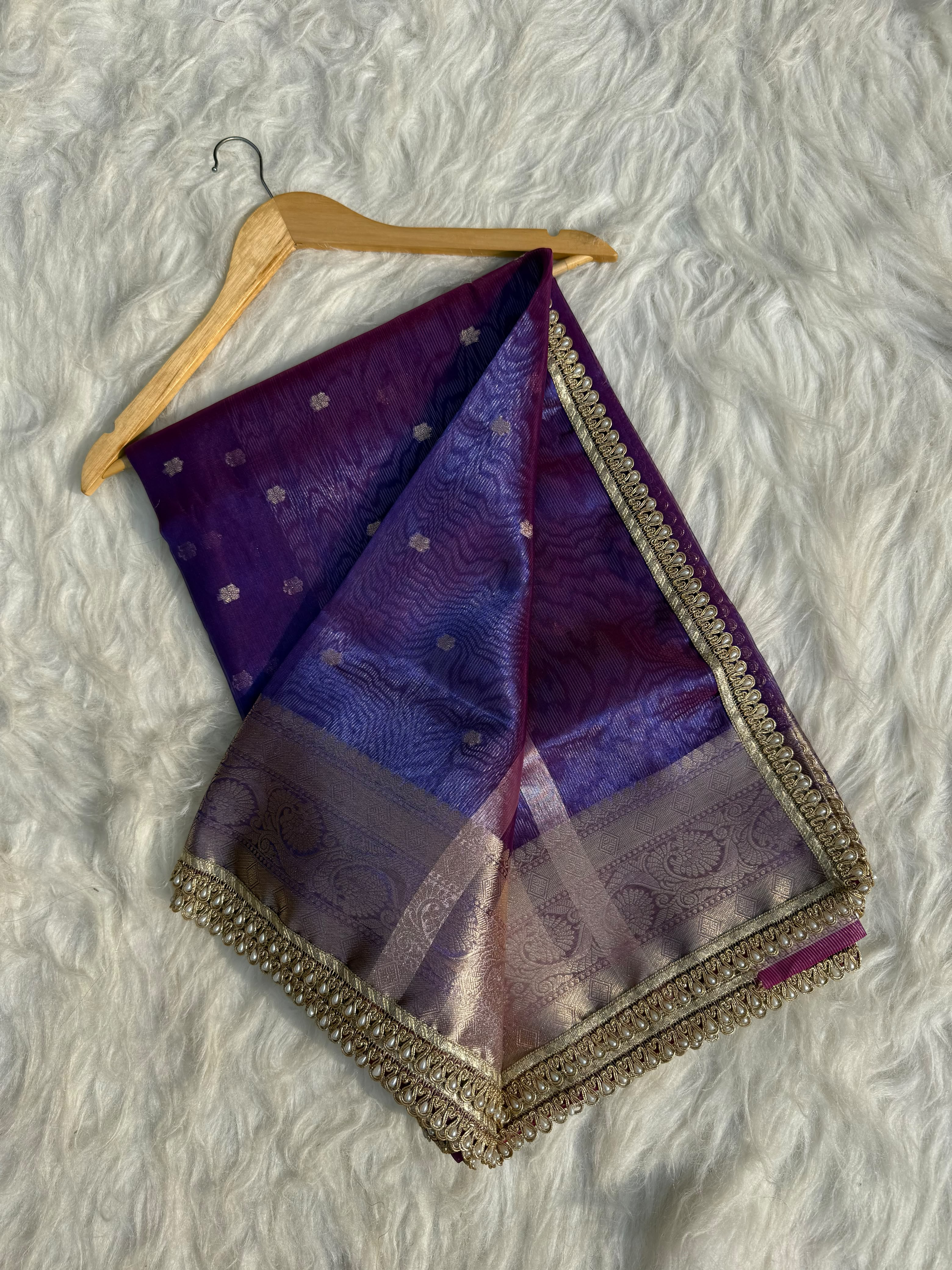 PREMIUM PURPLE SHADE DESIGNER TISSUE SILK BOOTI SAREE WITH LACE ATTACHED