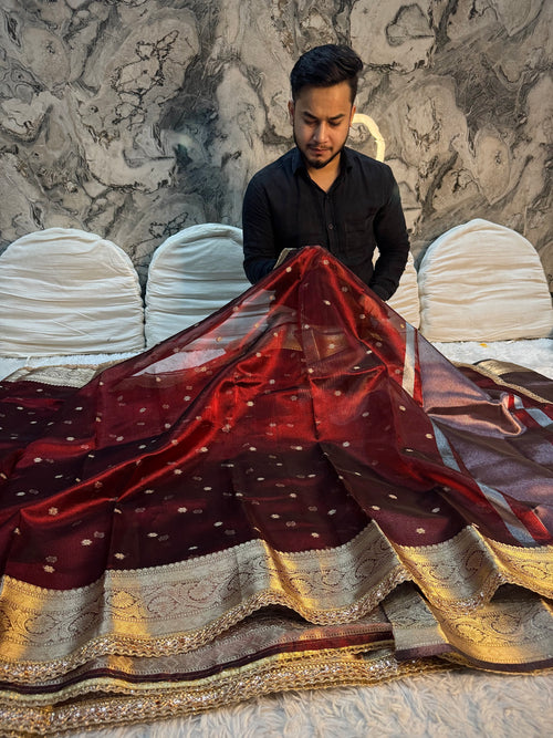 *DHOOP CHHAON* PREMIUM MAROON DESIGNER TISSUE SILK BOOTI SAREE WITH LACE ATTACHED