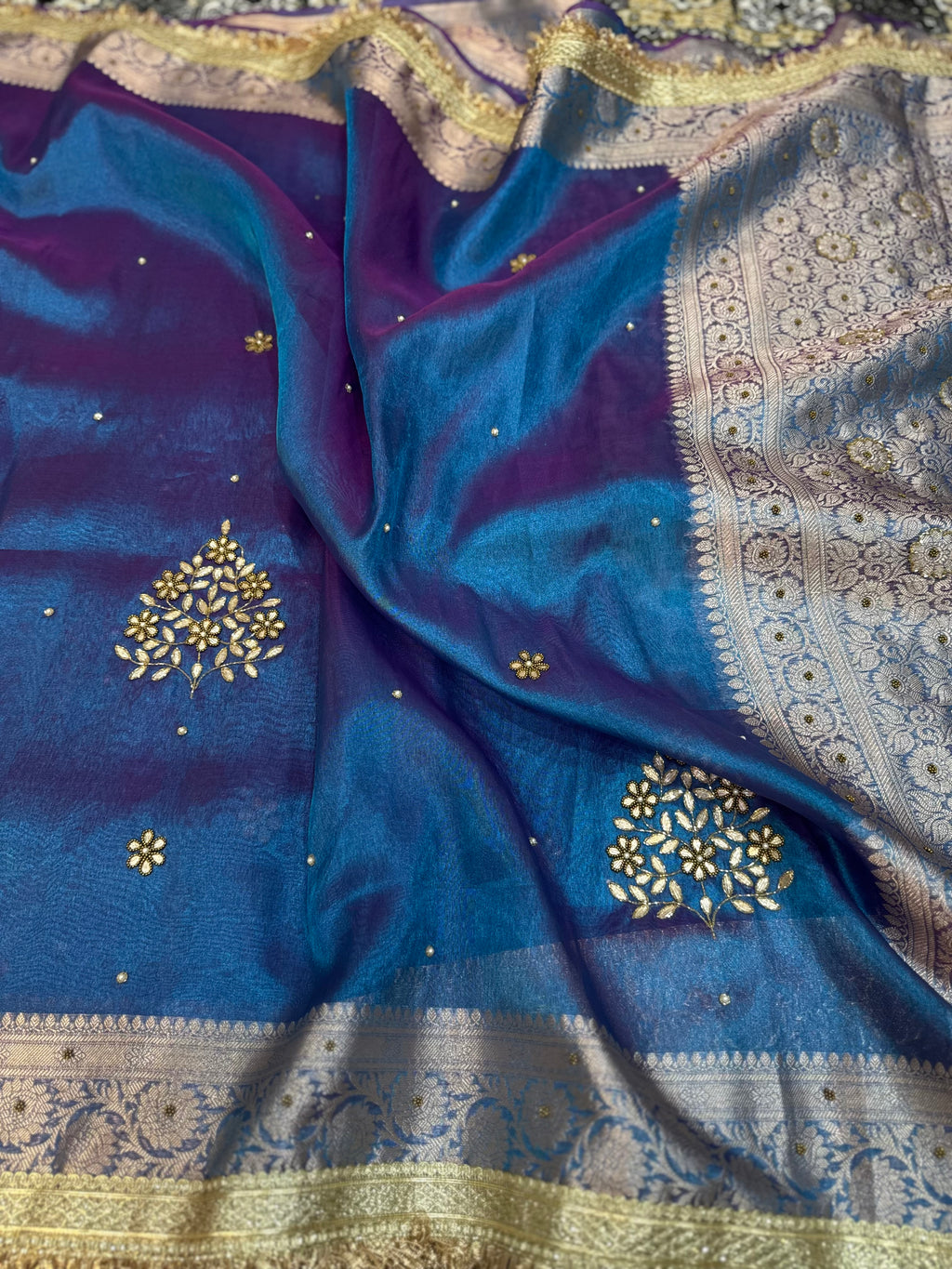 DHOOP CHAON SHADE FIROZI BLUE  AND RANI SOFT TISSUE SILK SAREE WITH PREMIUM ZARDOZI DESIGNER SAREE
