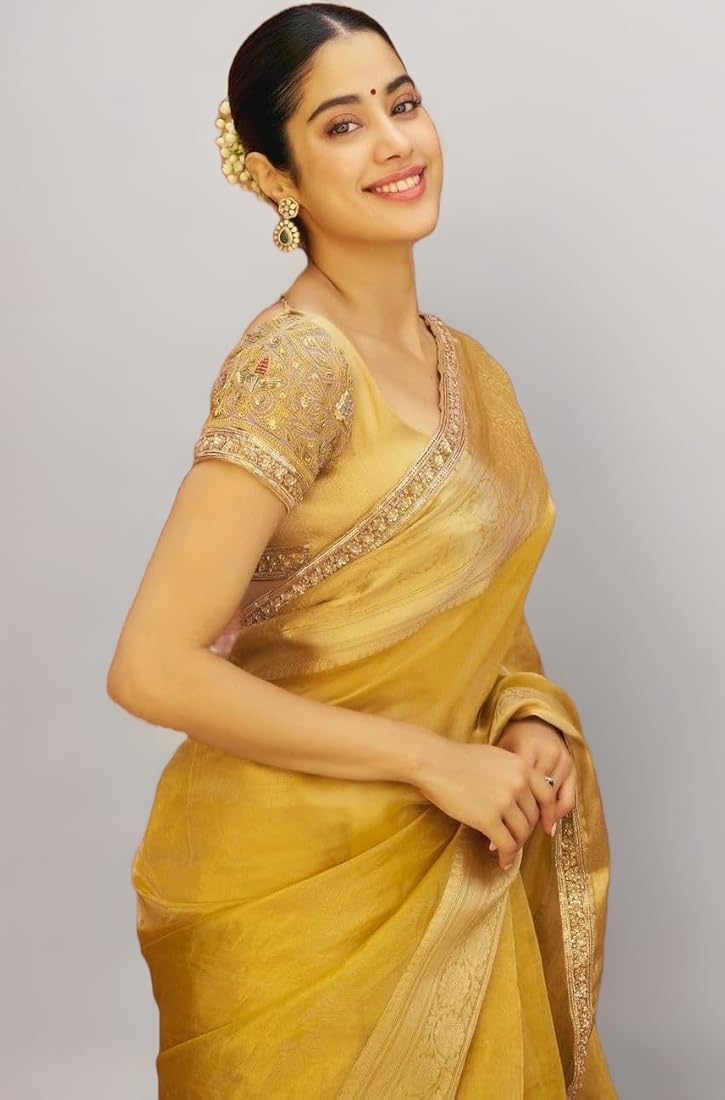 JANHVI KAPOOR INSPIRED YELLOW SHADE DESIGNER TISSUE SILK SAREE