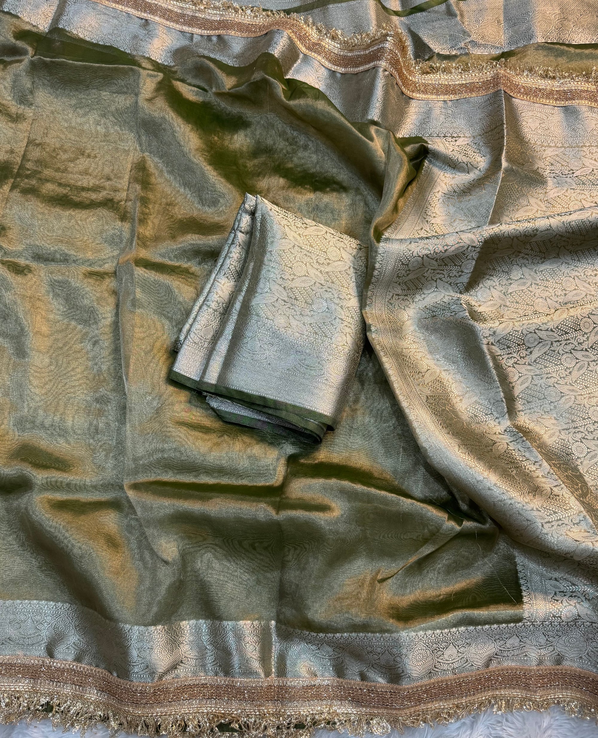 PREMIUM OLIVE GREEN SHADE SOFT TISSUE SILK SAREE WITH LACE ATTACHED